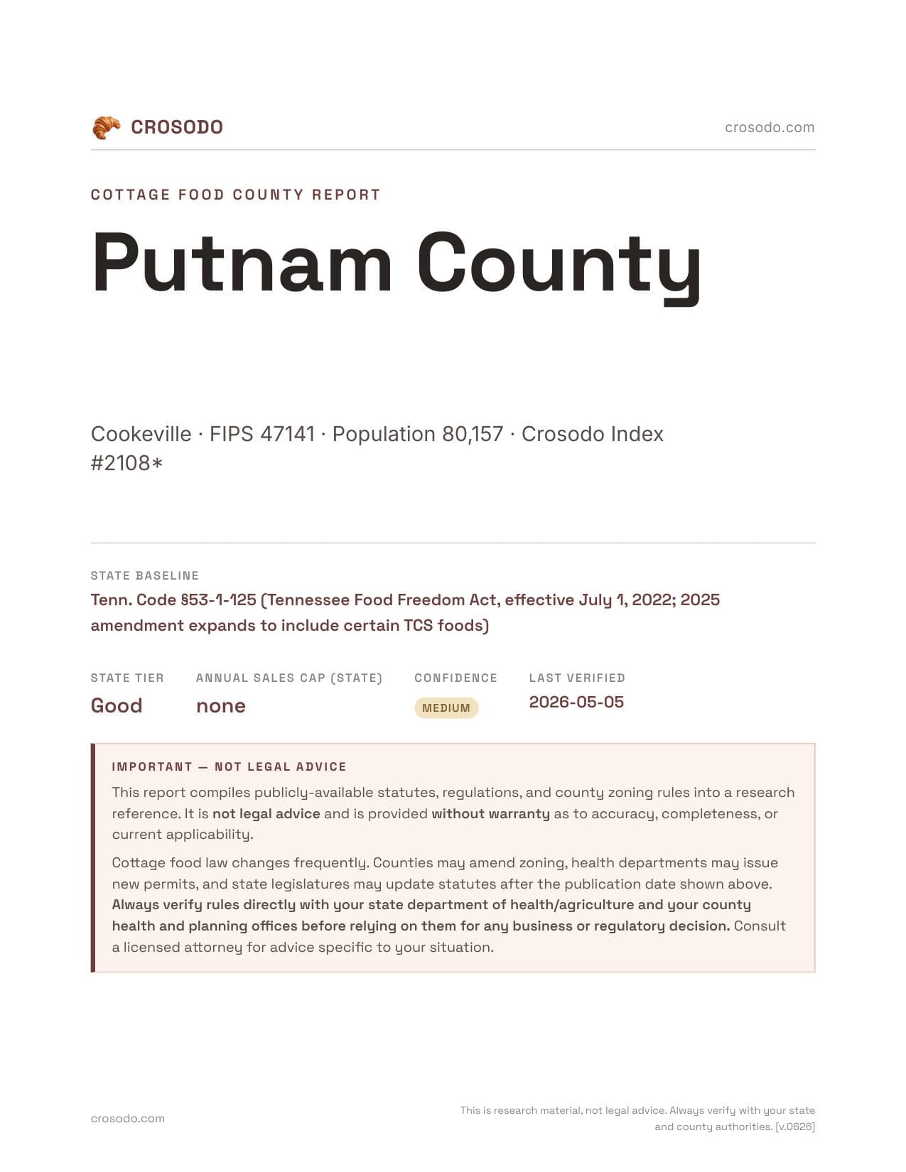 Cover of Putnam County county cottage food report