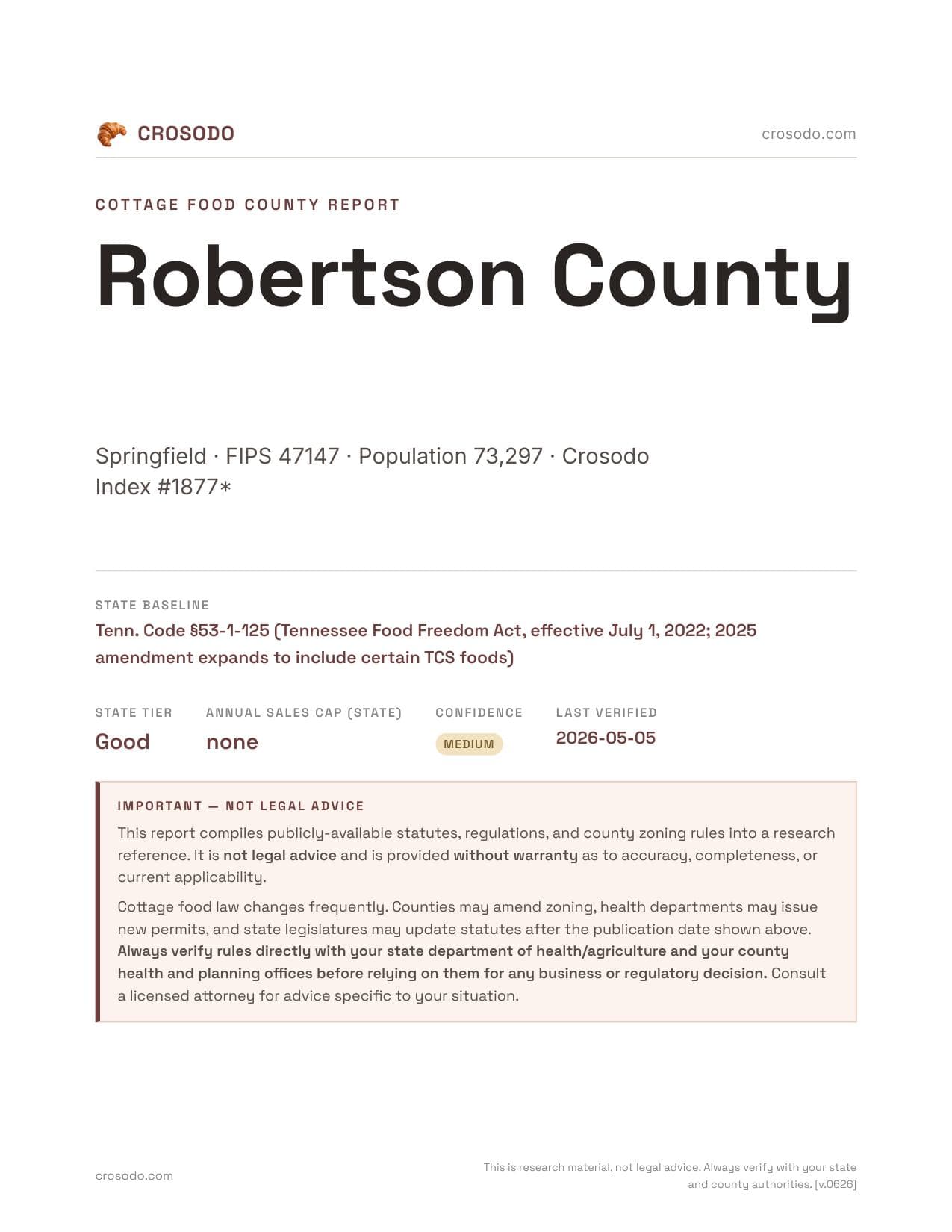 Cover of Robertson County county cottage food report