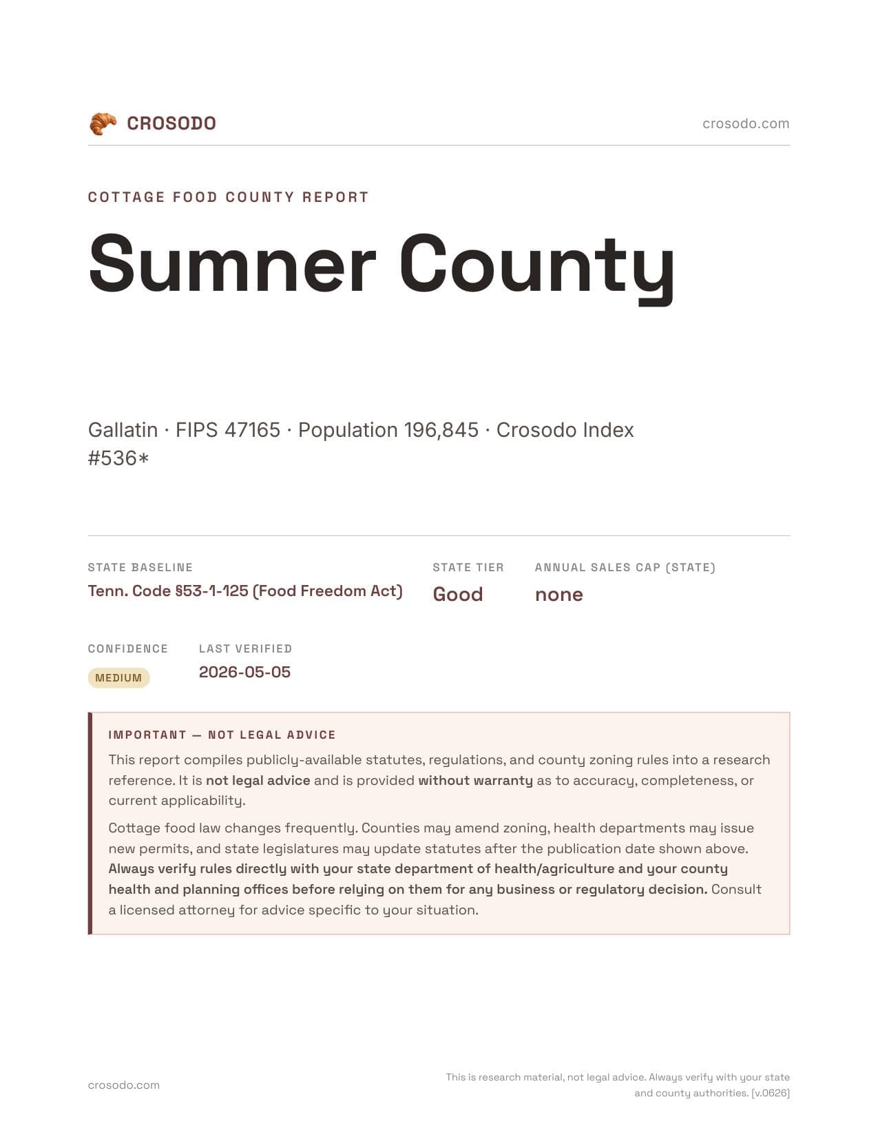 Cover of Sumner County county cottage food report