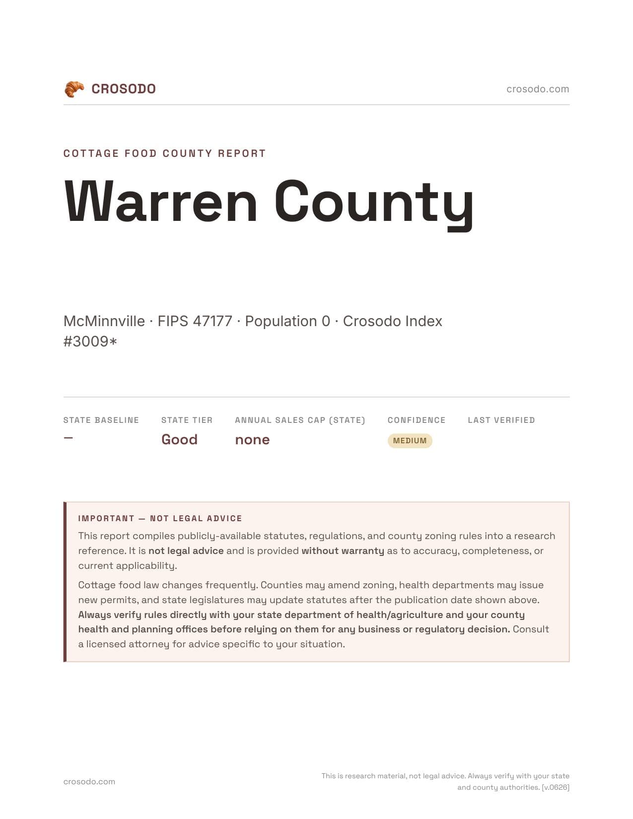 Cover of Warren County county cottage food report