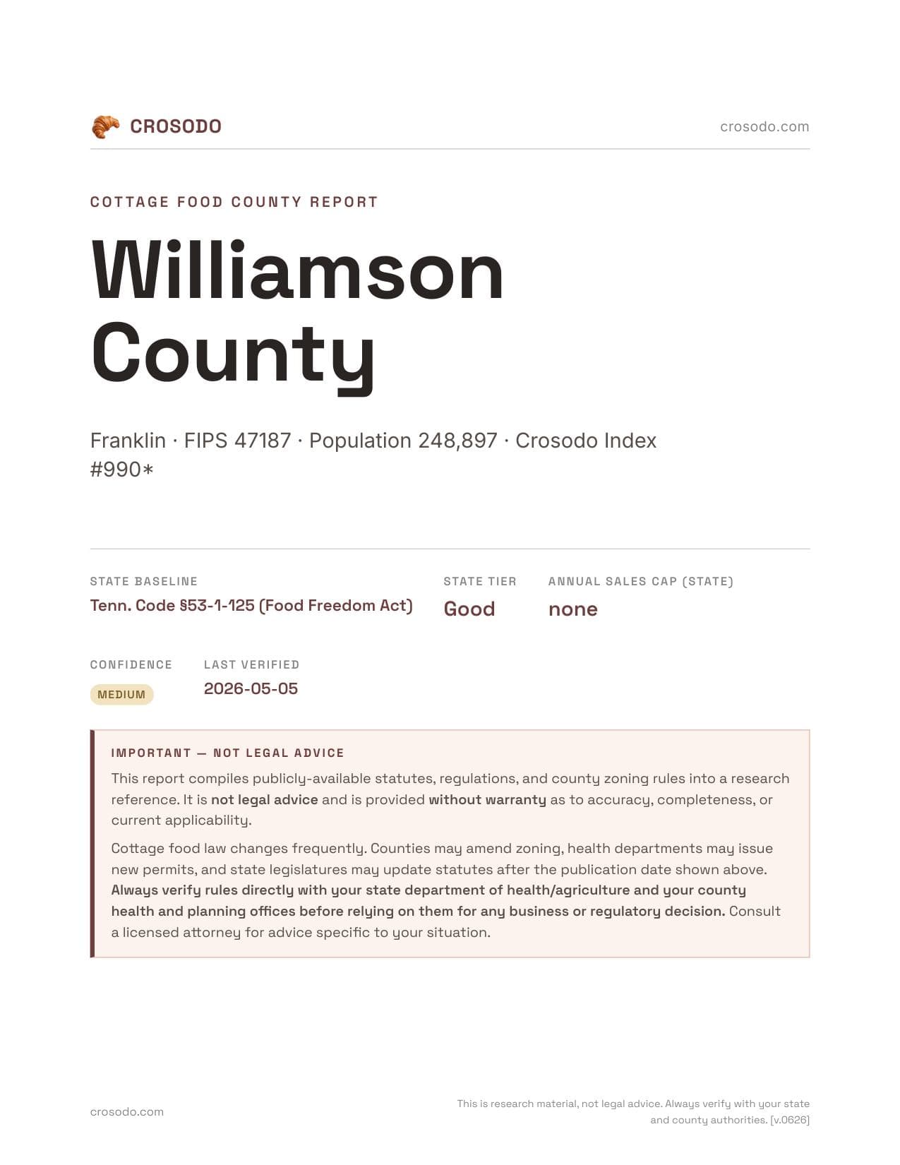 Cover of Williamson County county cottage food report