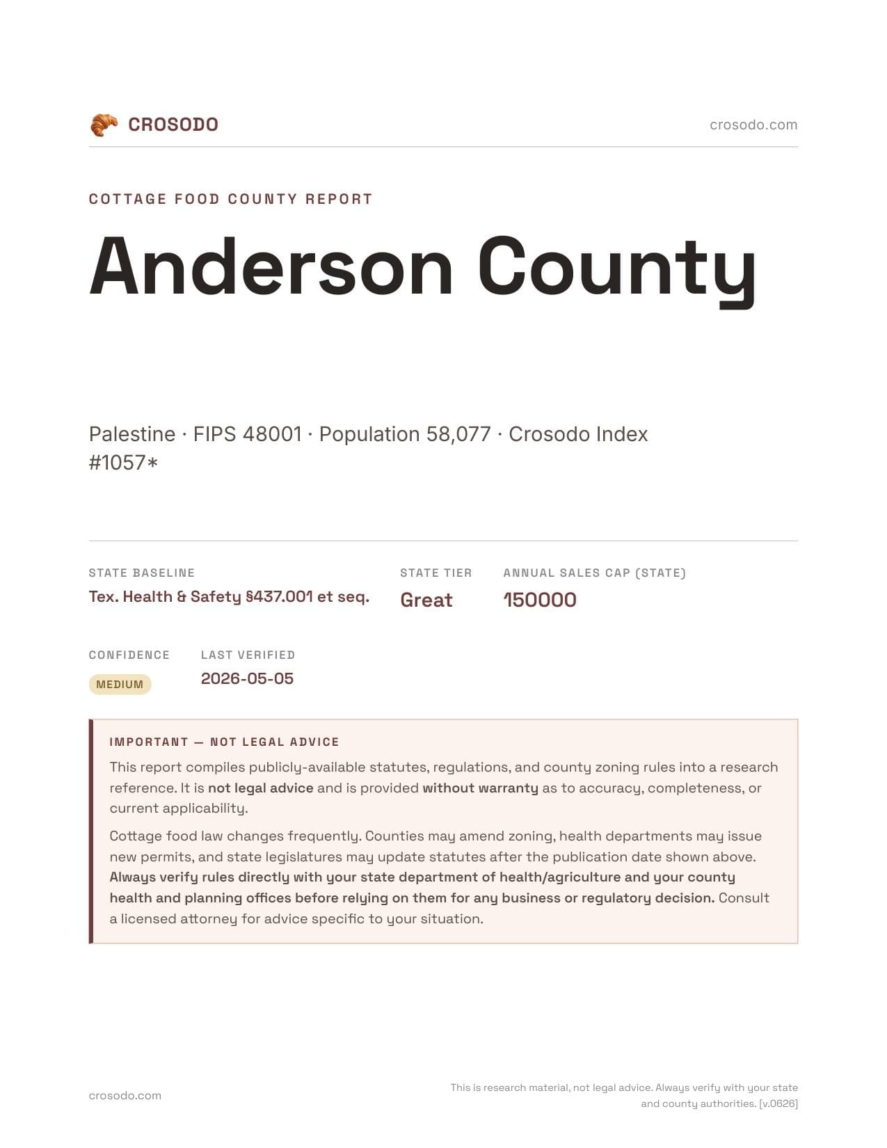 Cover of Anderson County county cottage food report