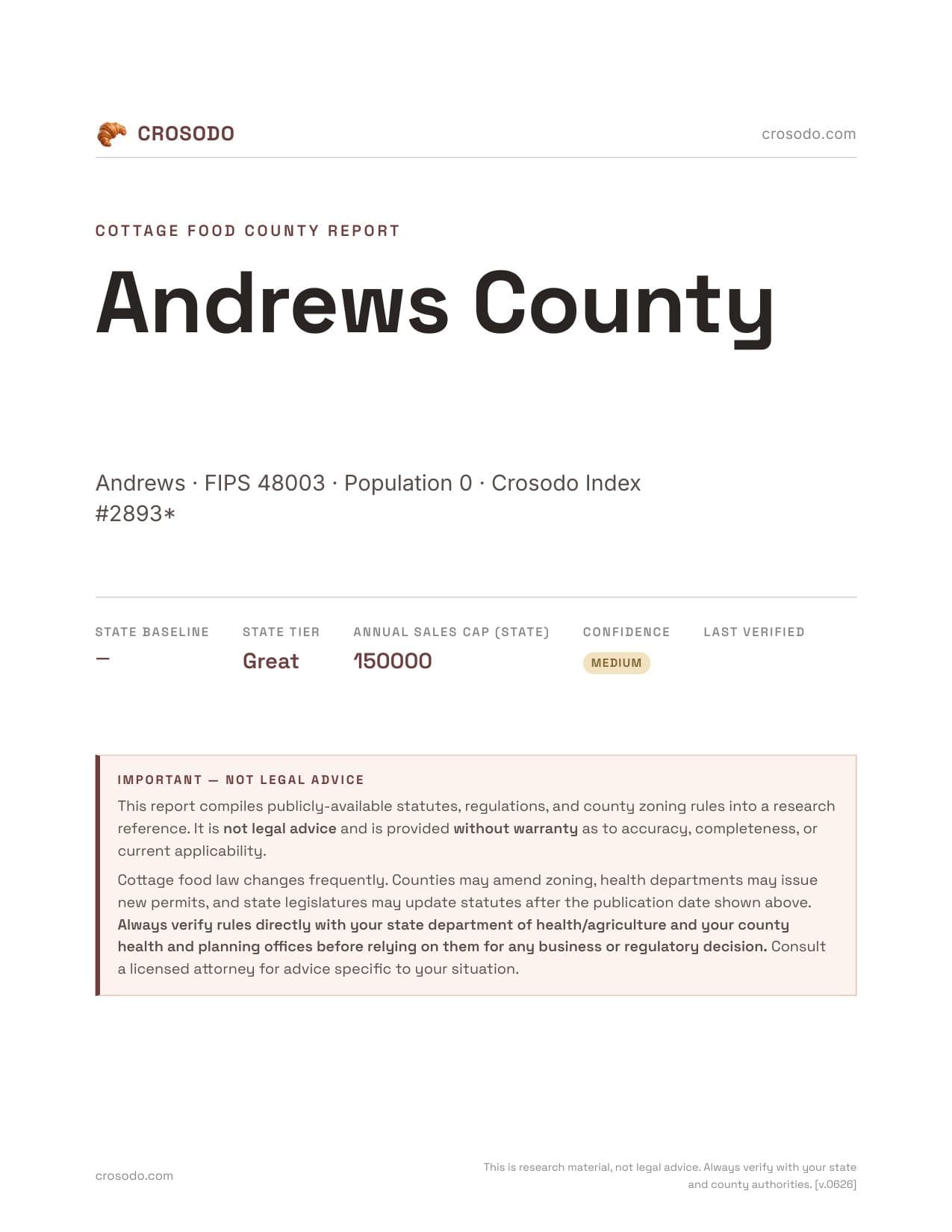 Cover of Andrews County county cottage food report