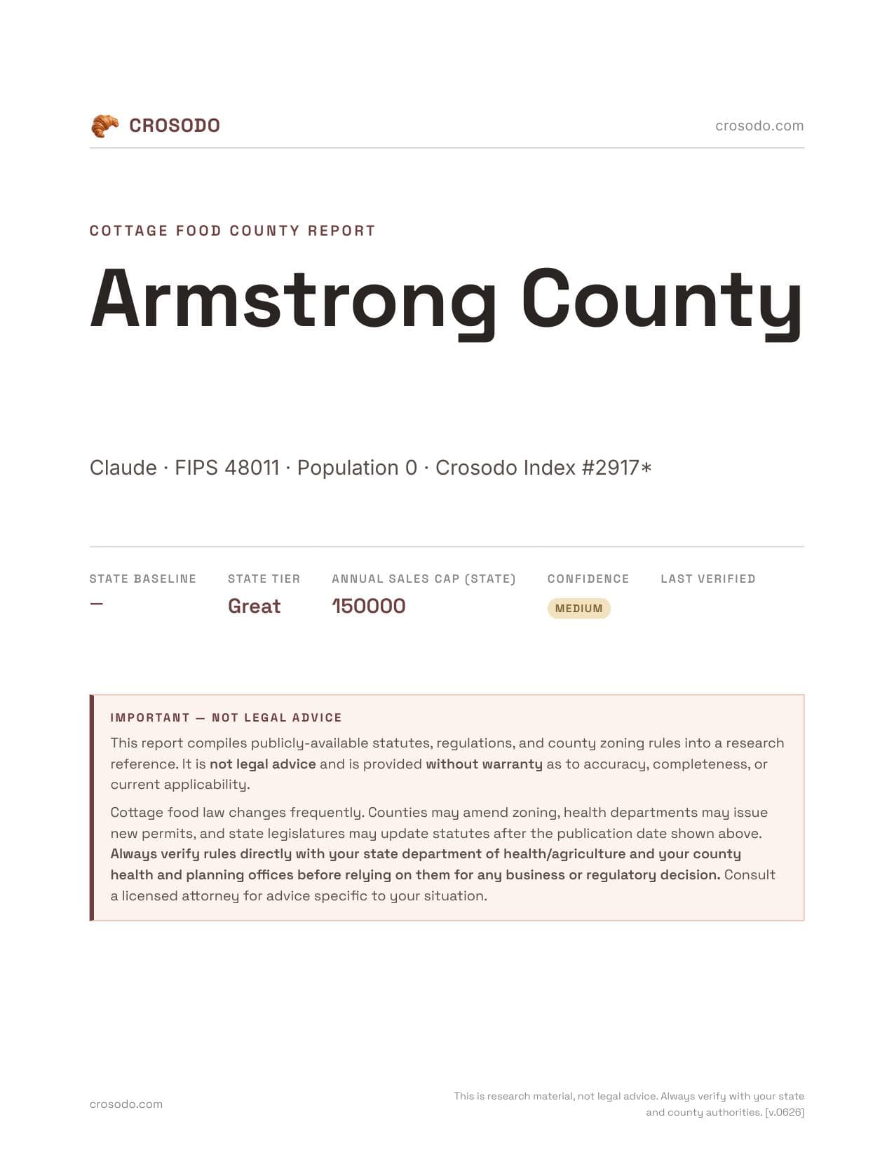 Cover of Armstrong County county cottage food report