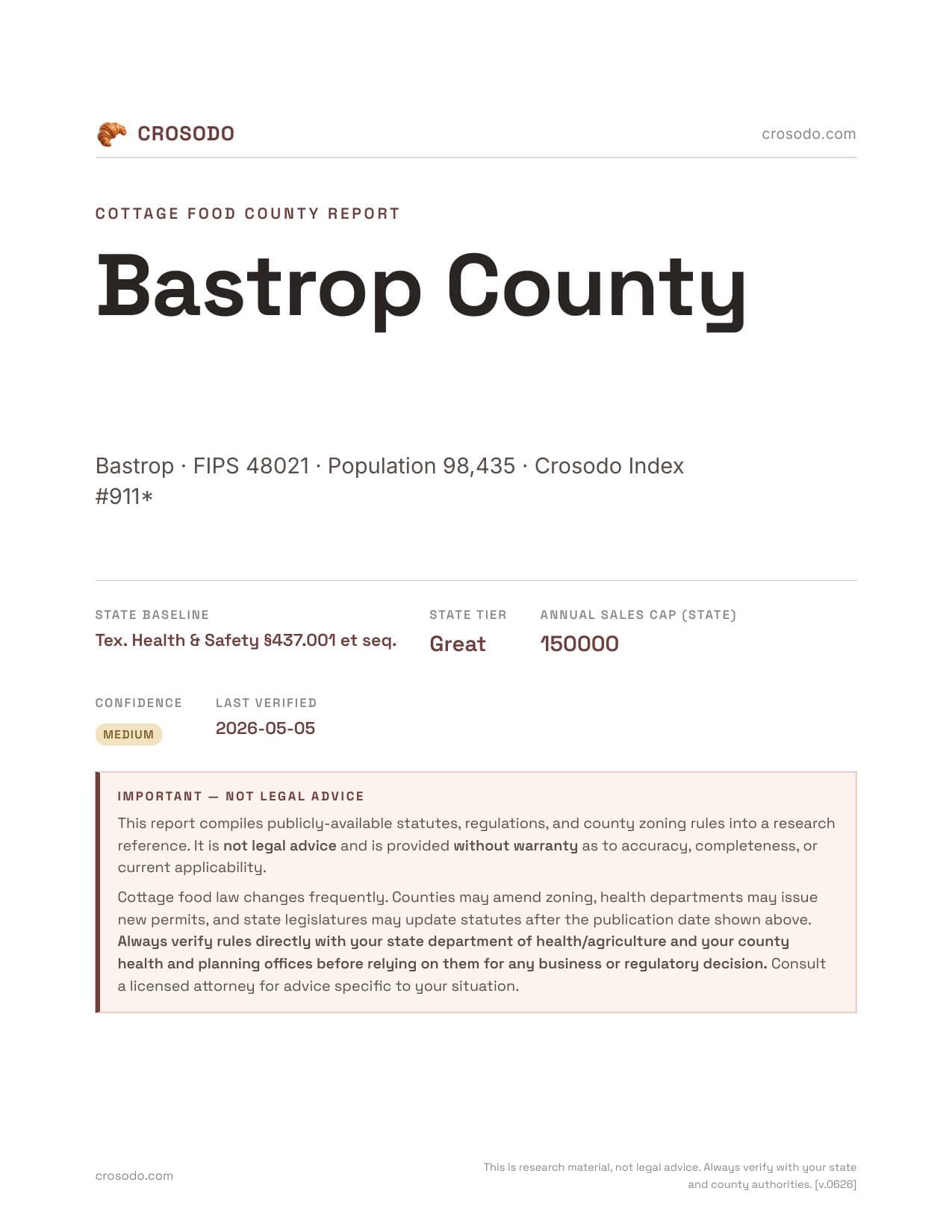 Cover of Bastrop County county cottage food report