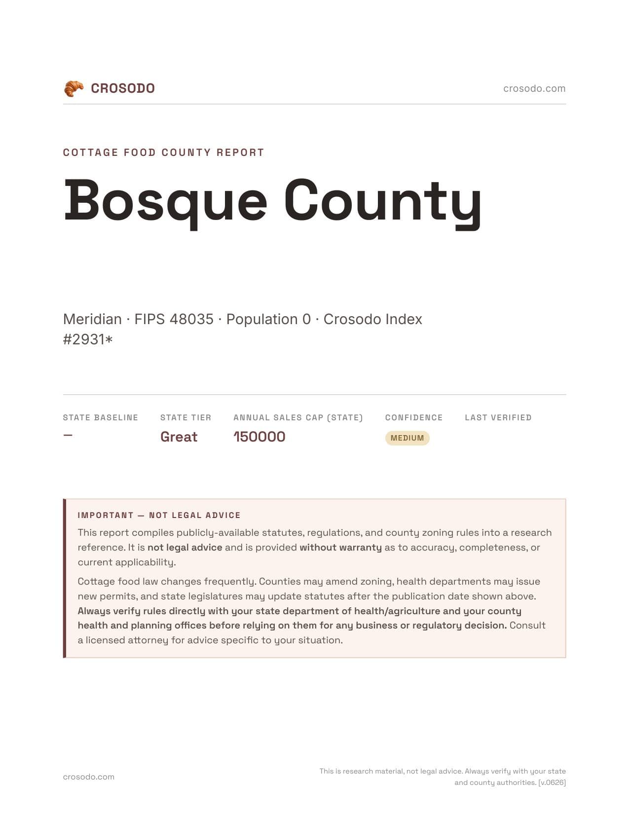 Cover of Bosque County county cottage food report