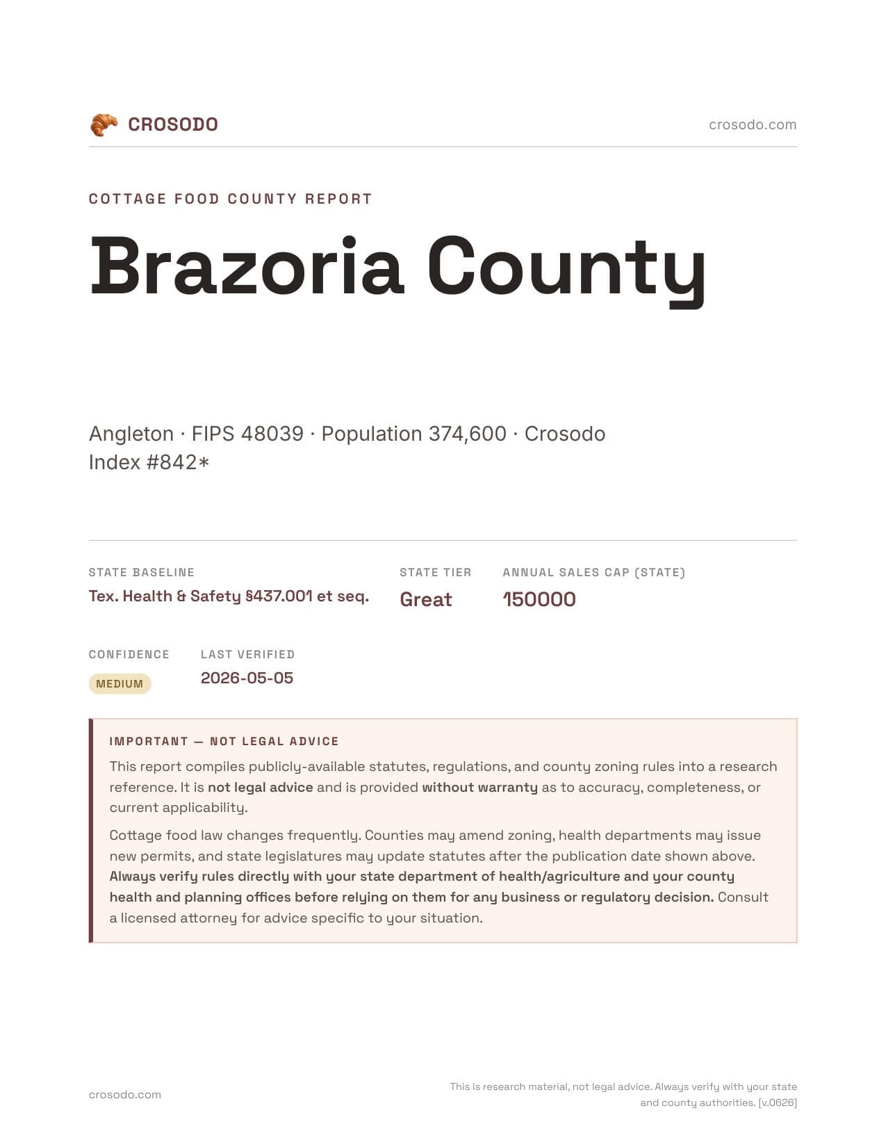 Cover of Brazoria County county cottage food report
