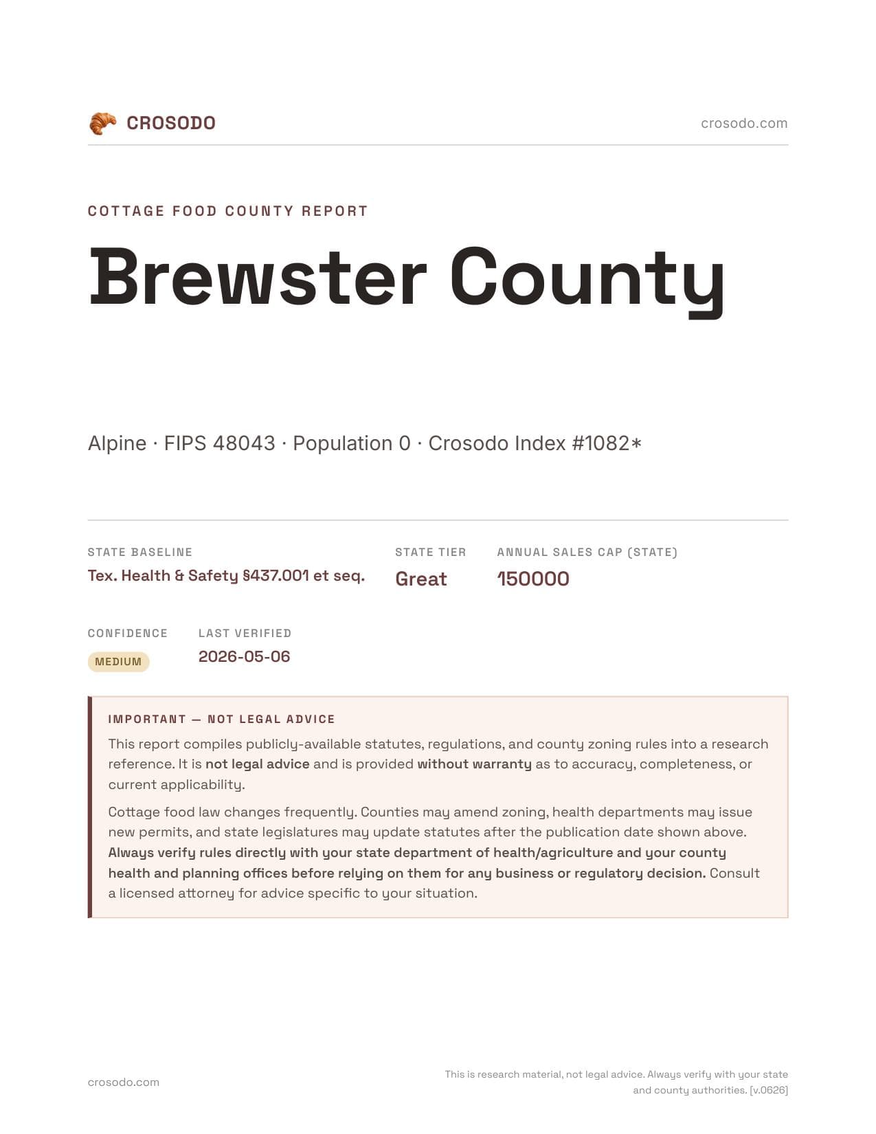 Cover of Brewster County county cottage food report