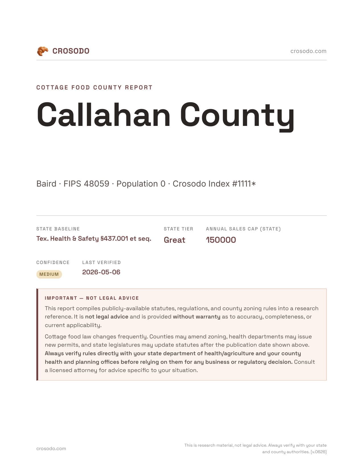 Cover of Callahan County county cottage food report
