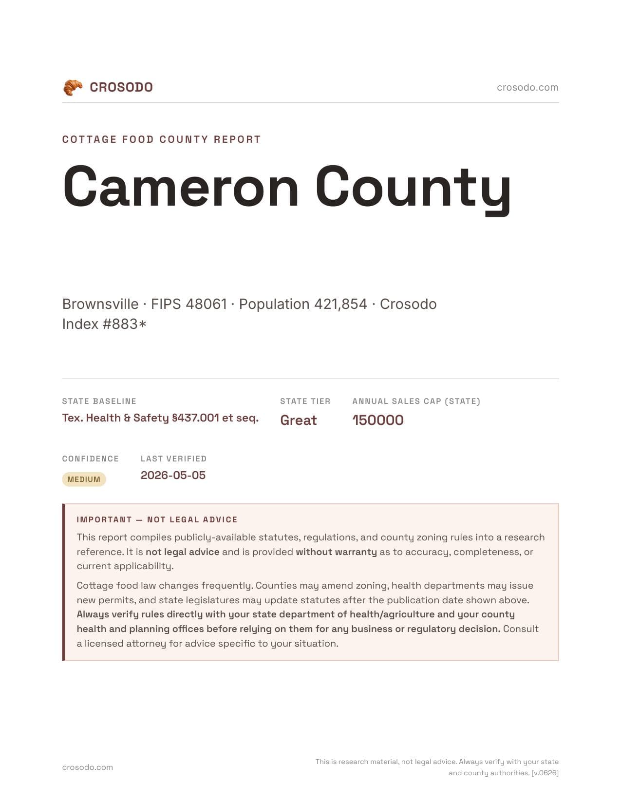 Cover of Cameron County county cottage food report