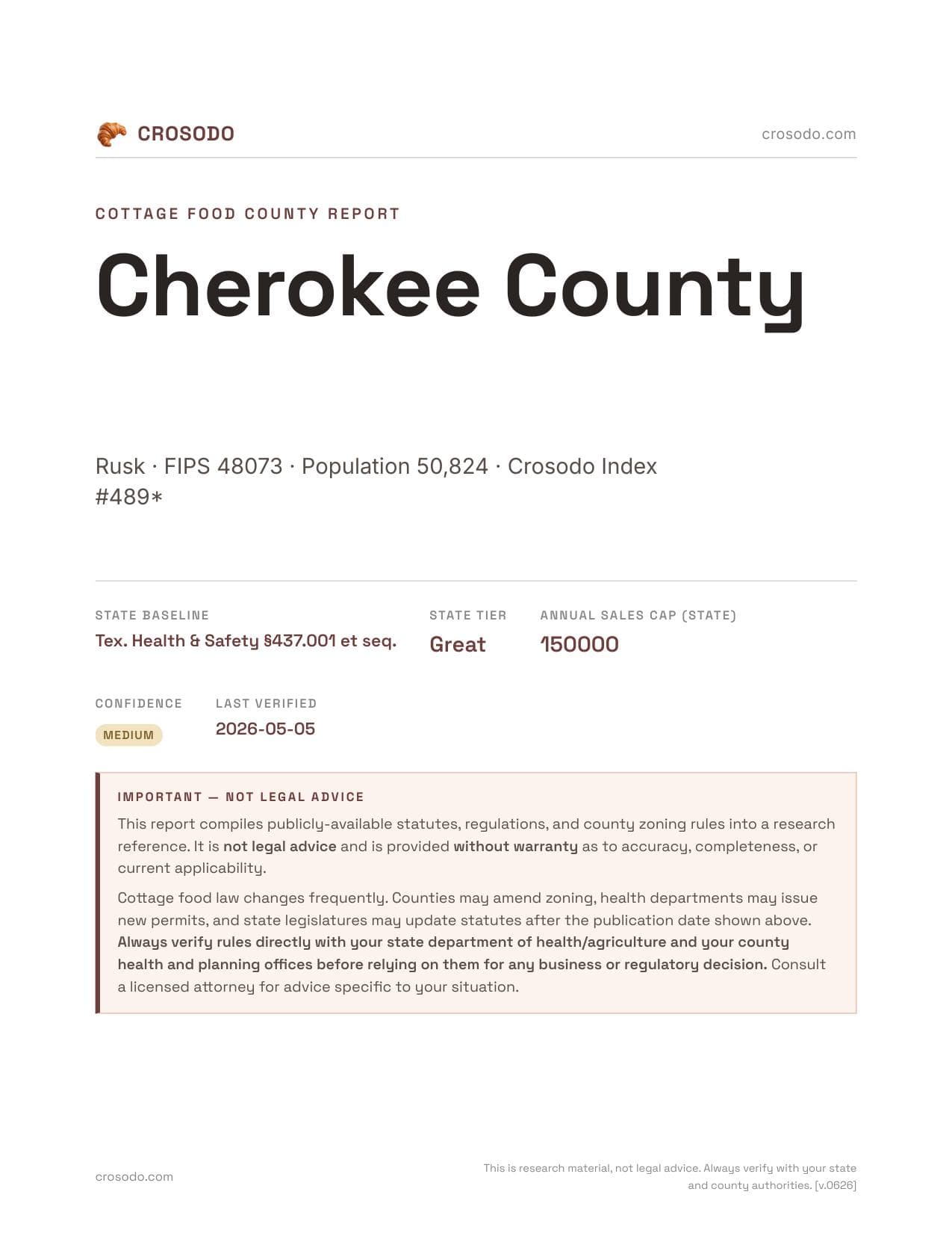 Cover of Cherokee County county cottage food report