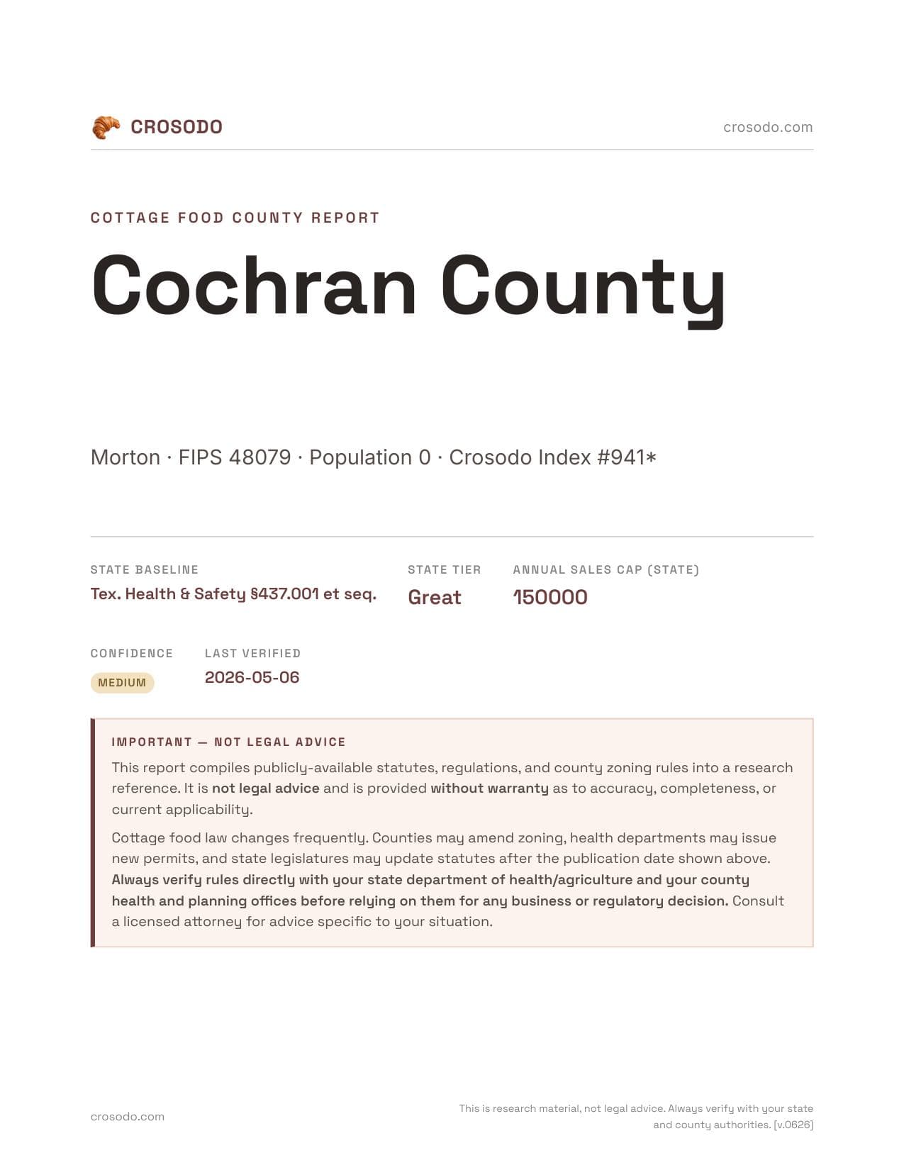 Cover of Cochran County county cottage food report