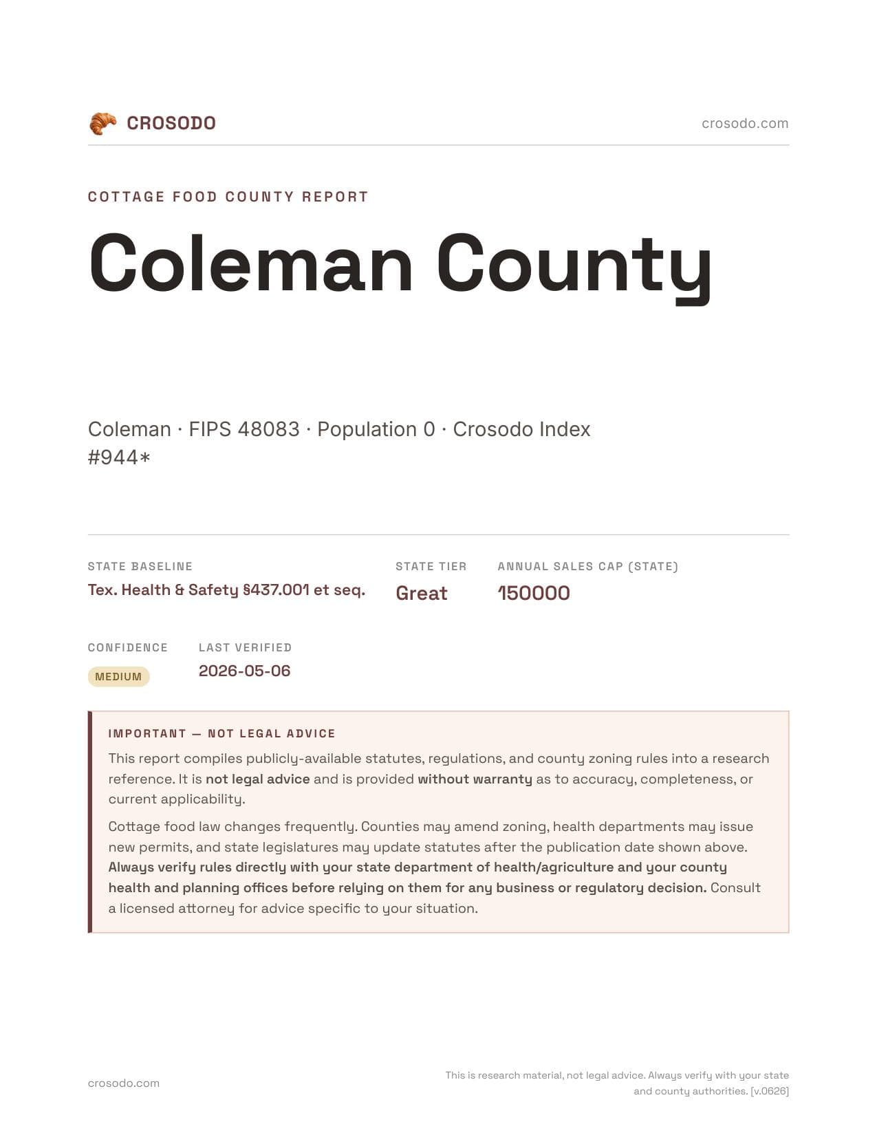 Cover of Coleman County county cottage food report
