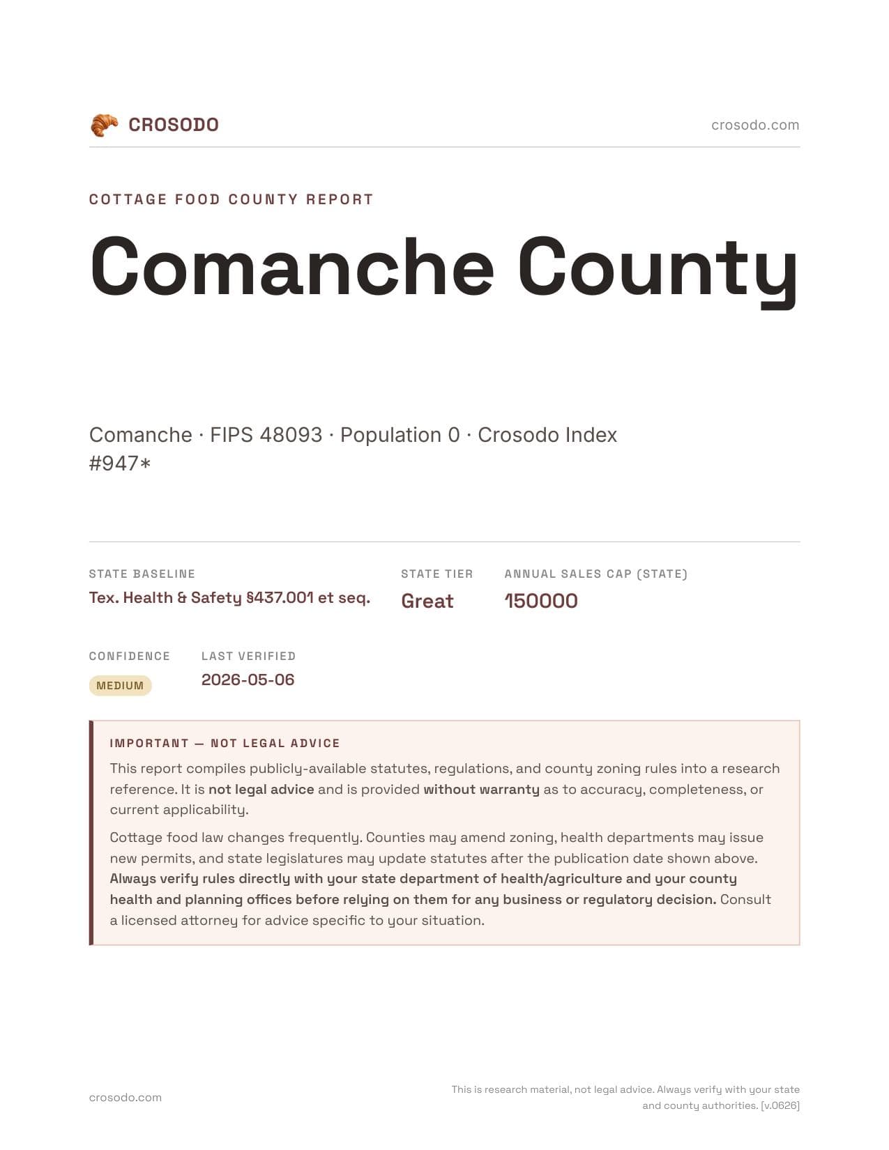 Cover of Comanche County county cottage food report