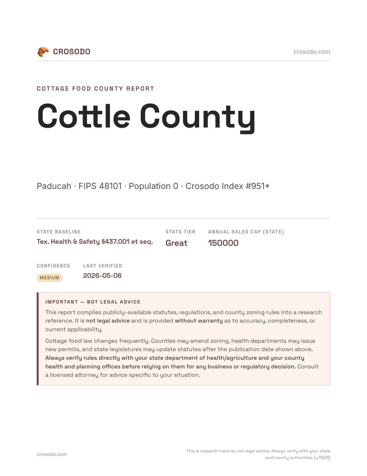 Cover of Cottle County county cottage food report