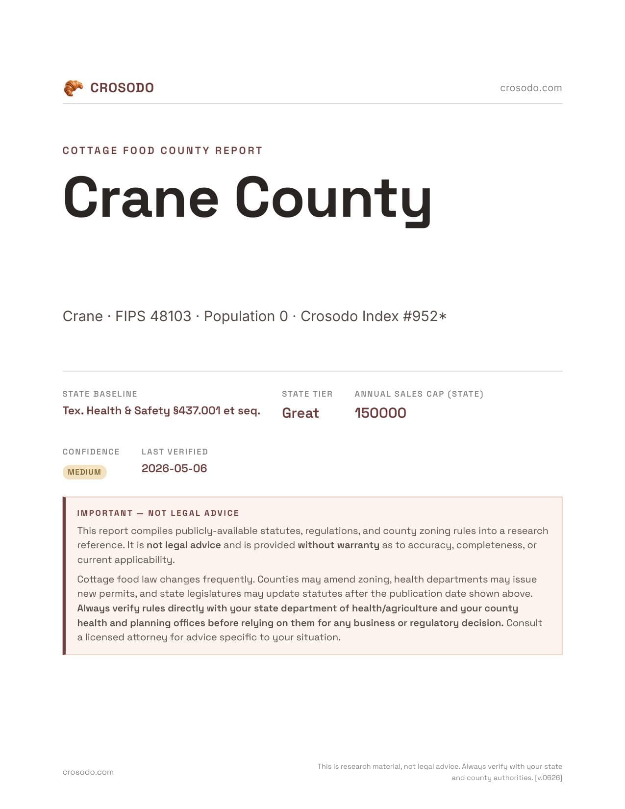 Cover of Crane County county cottage food report