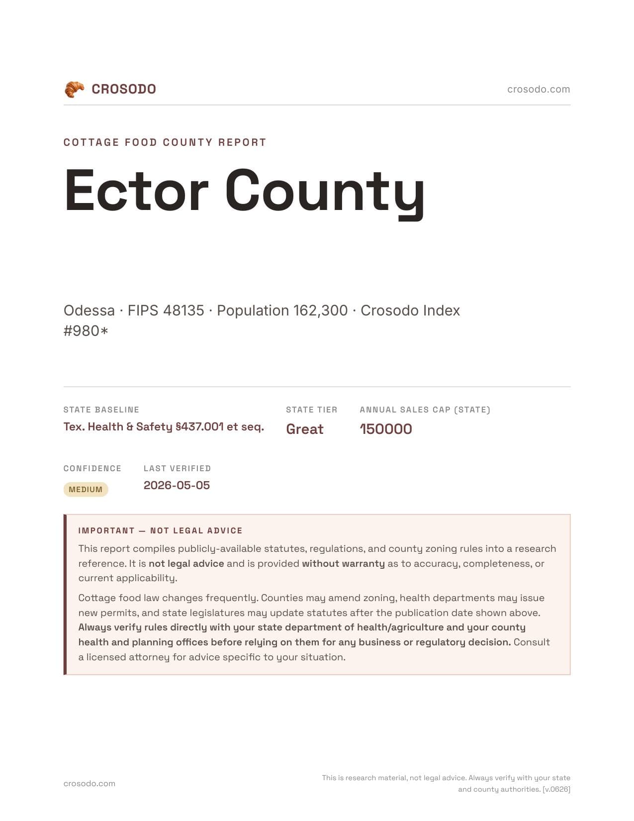 Cover of Ector County county cottage food report