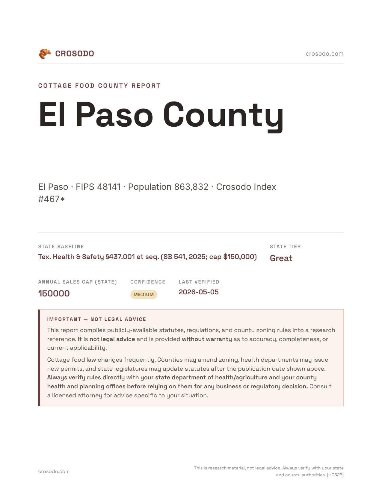 Cover of El Paso County county cottage food report
