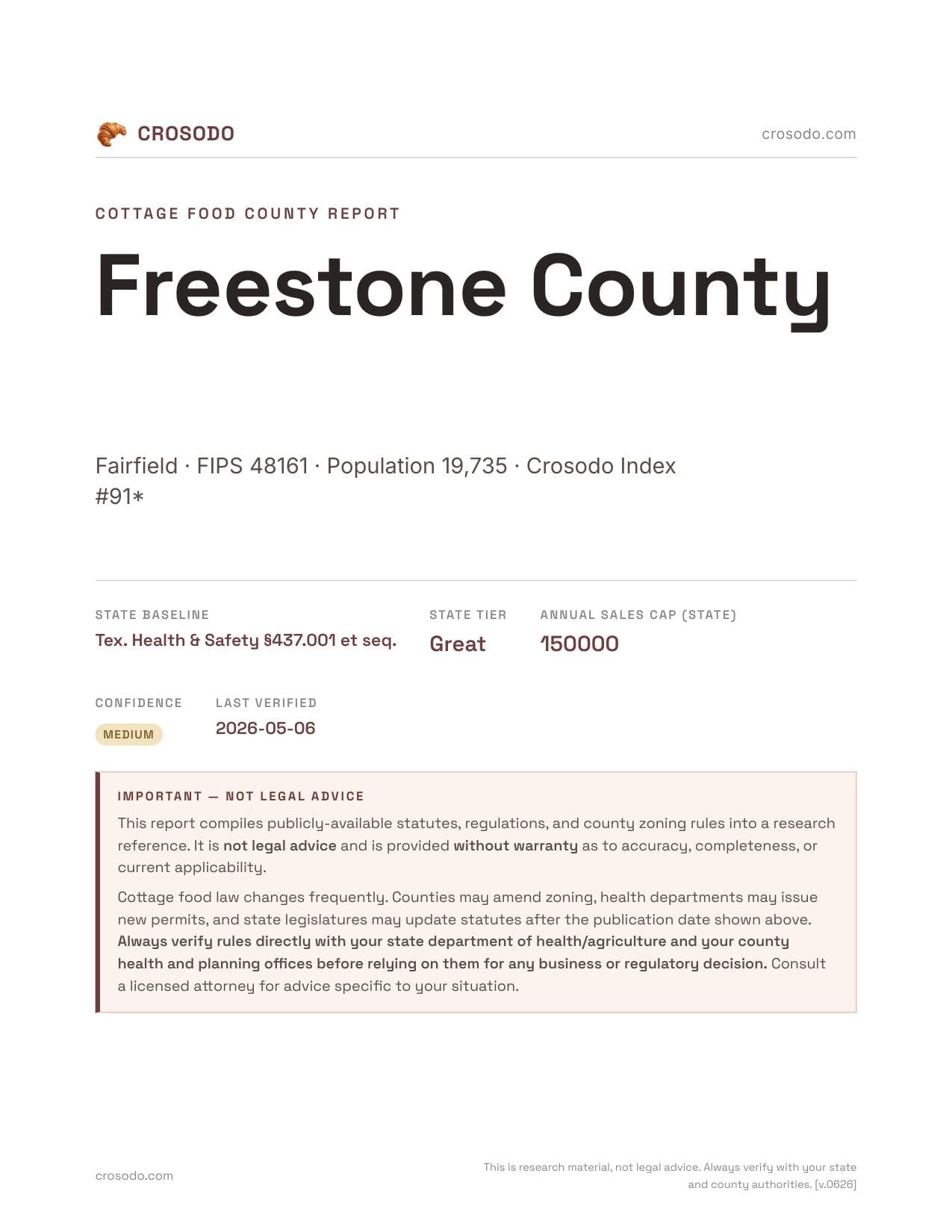 Cover of Freestone County county cottage food report