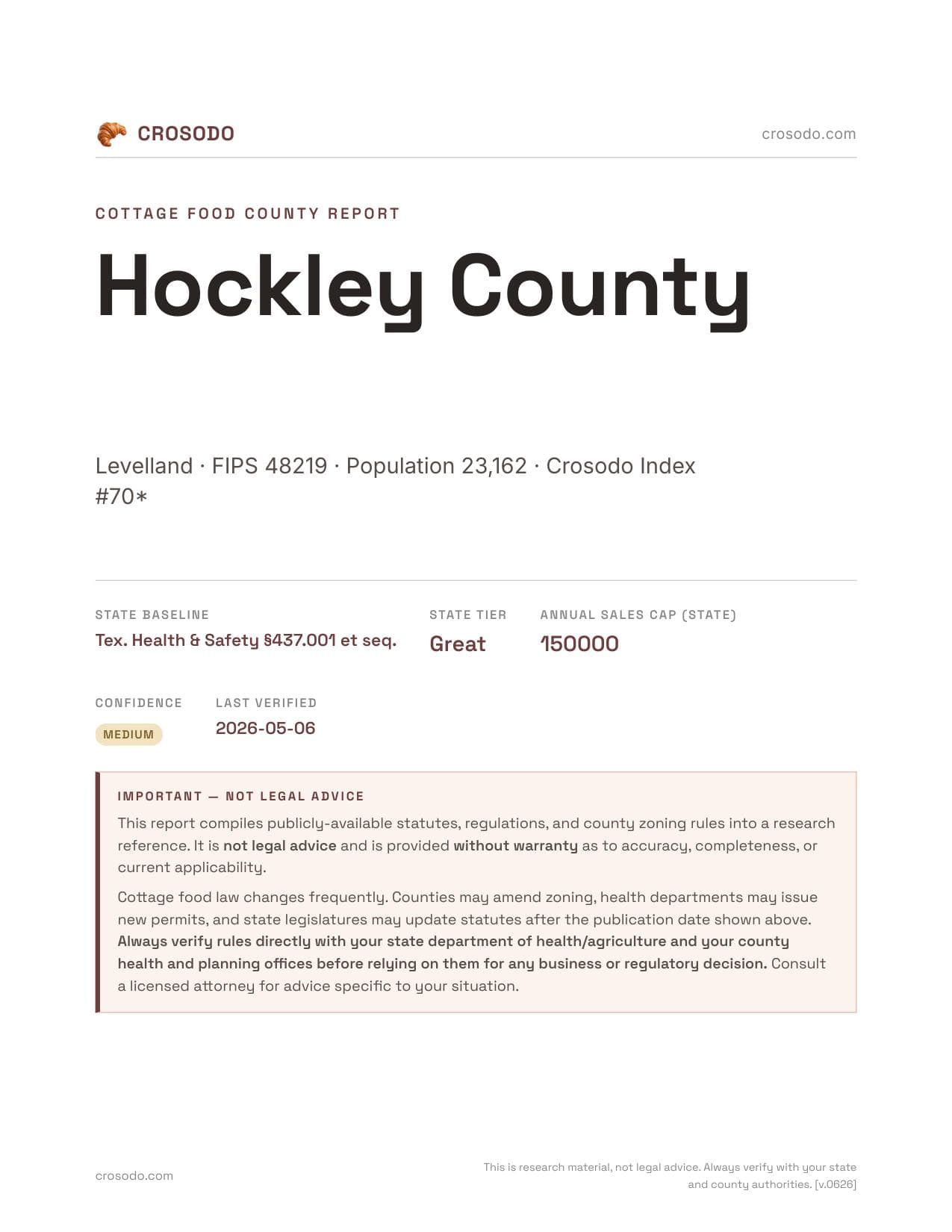 Cover of Hockley County county cottage food report