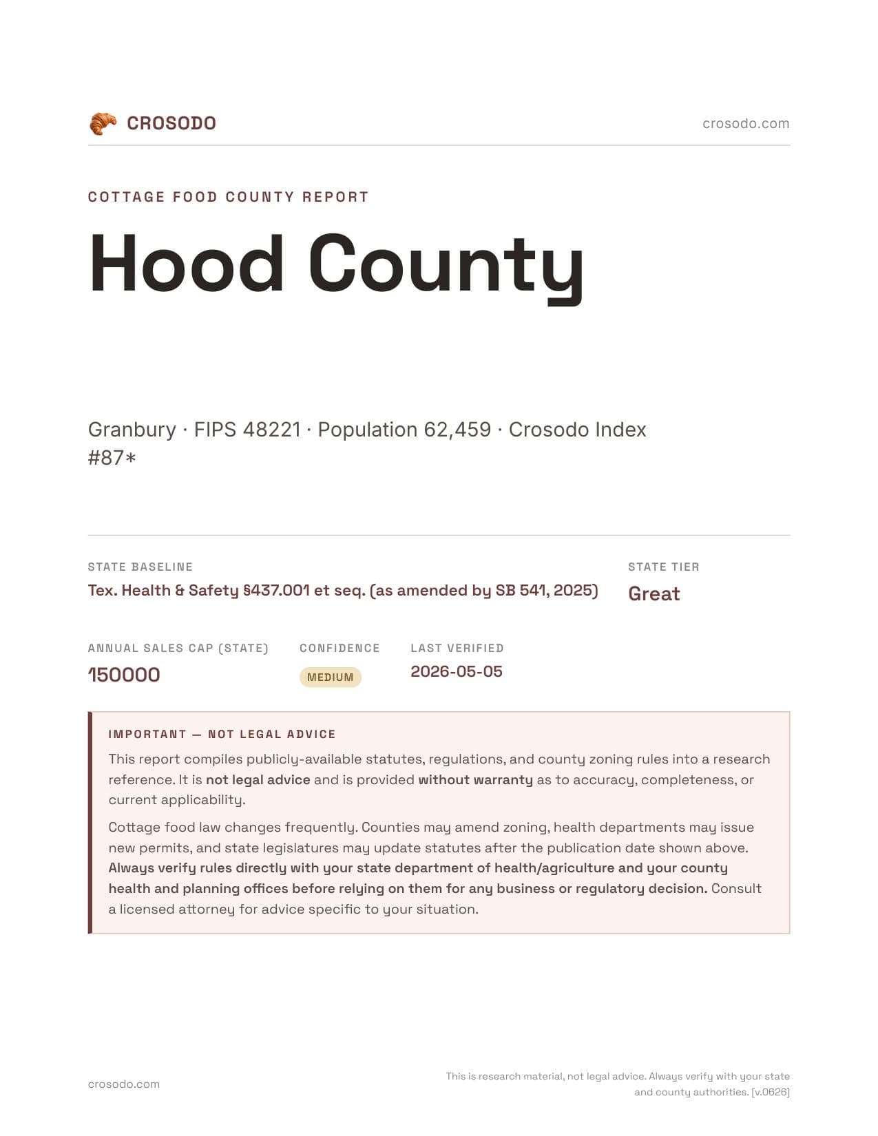 Cover of Hood County county cottage food report