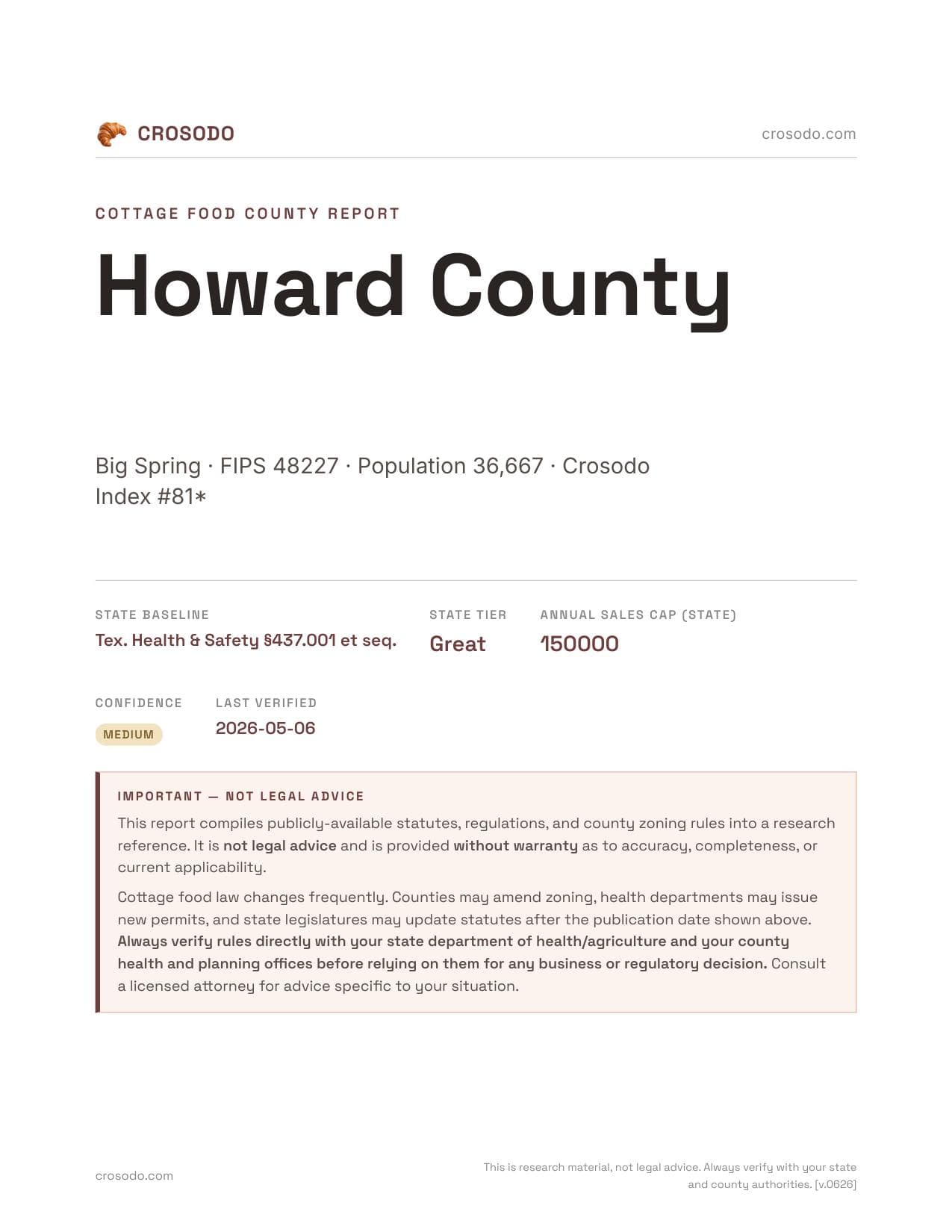 Cover of Howard County county cottage food report