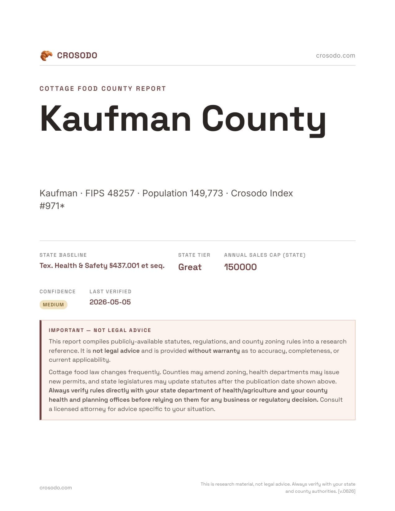 Cover of Kaufman County county cottage food report