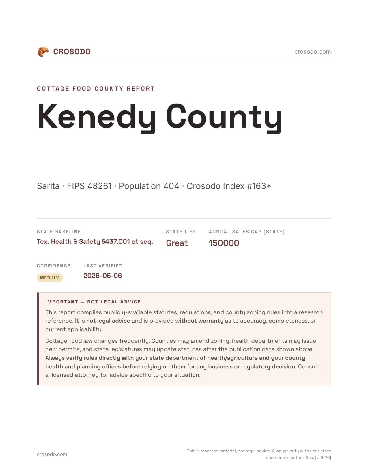Cover of Kenedy County county cottage food report