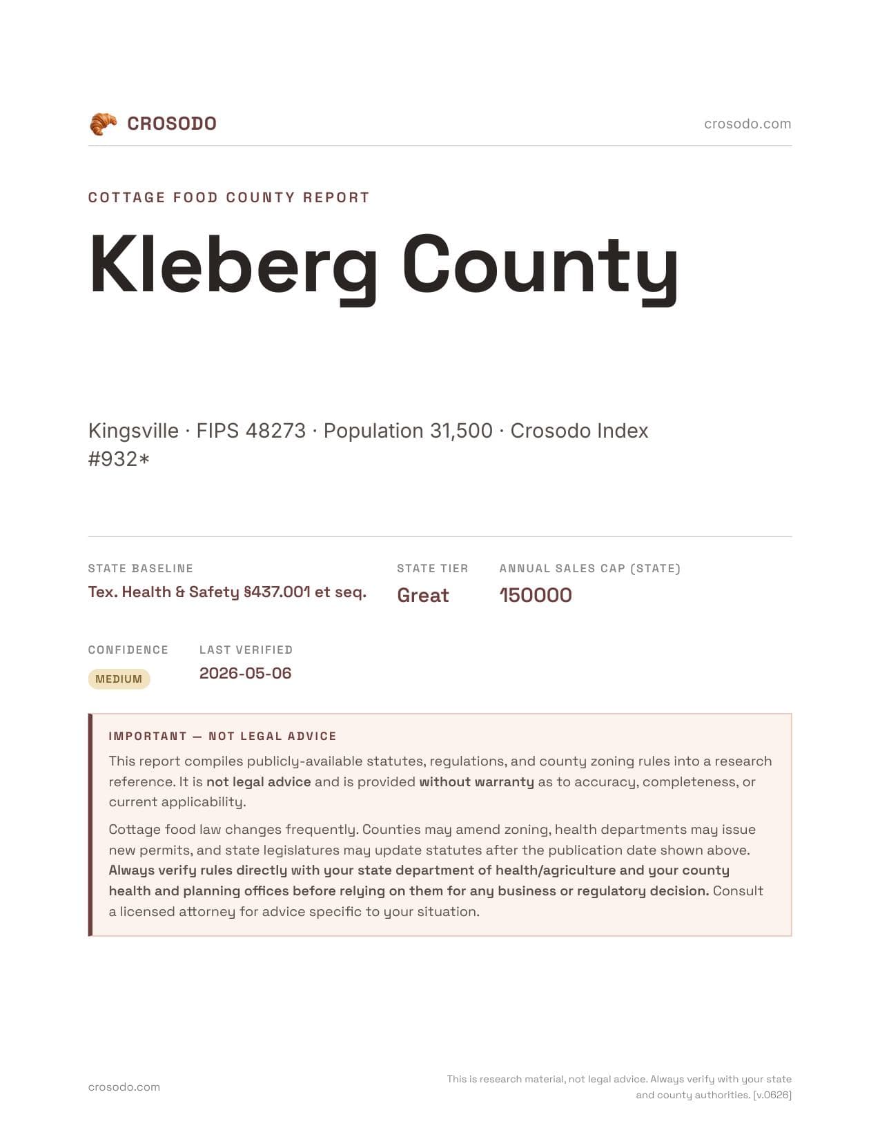Cover of Kleberg County county cottage food report