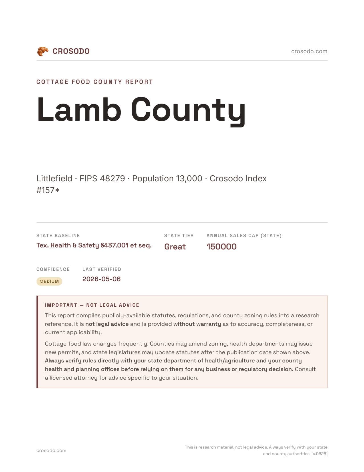 Cover of Lamb County county cottage food report
