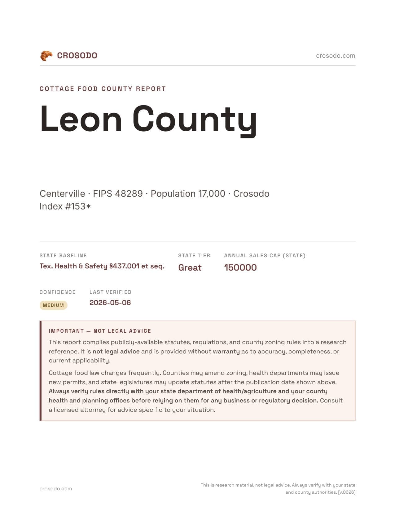 Cover of Leon County county cottage food report