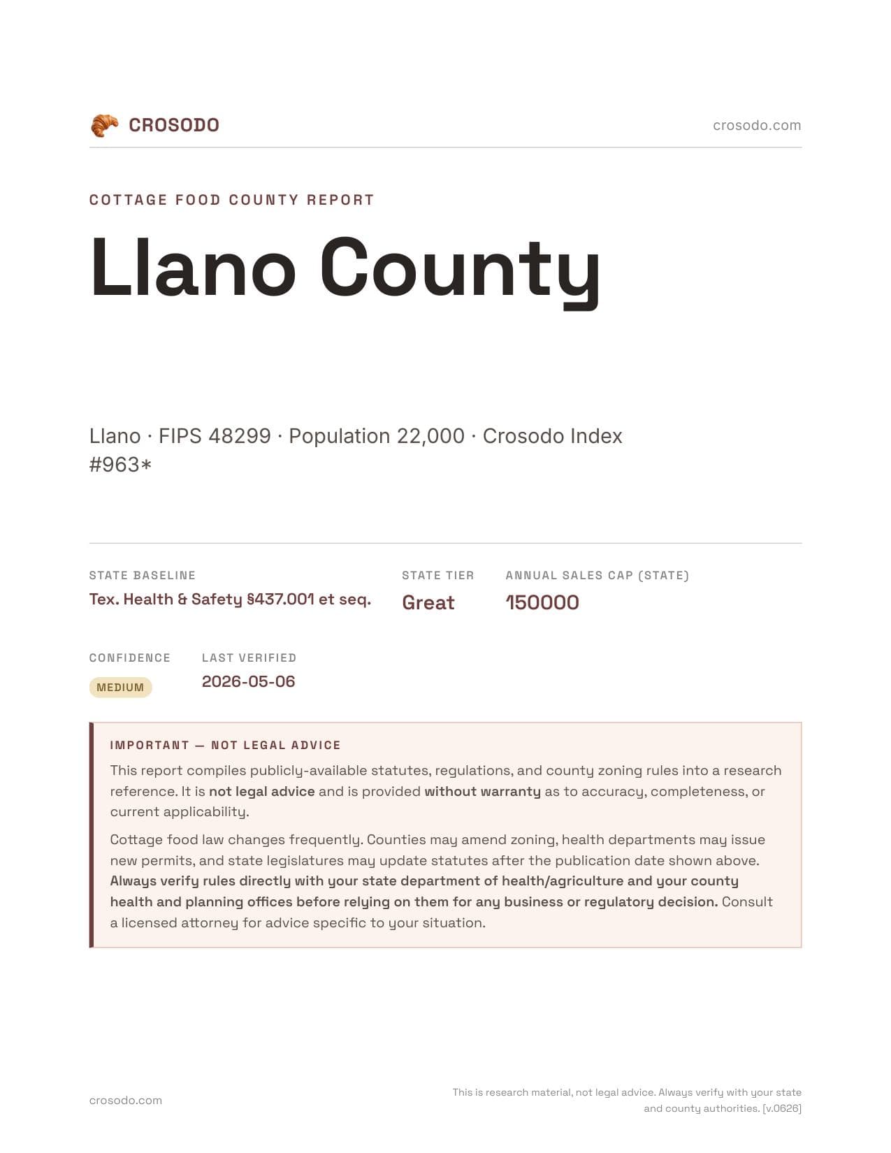 Cover of Llano County county cottage food report