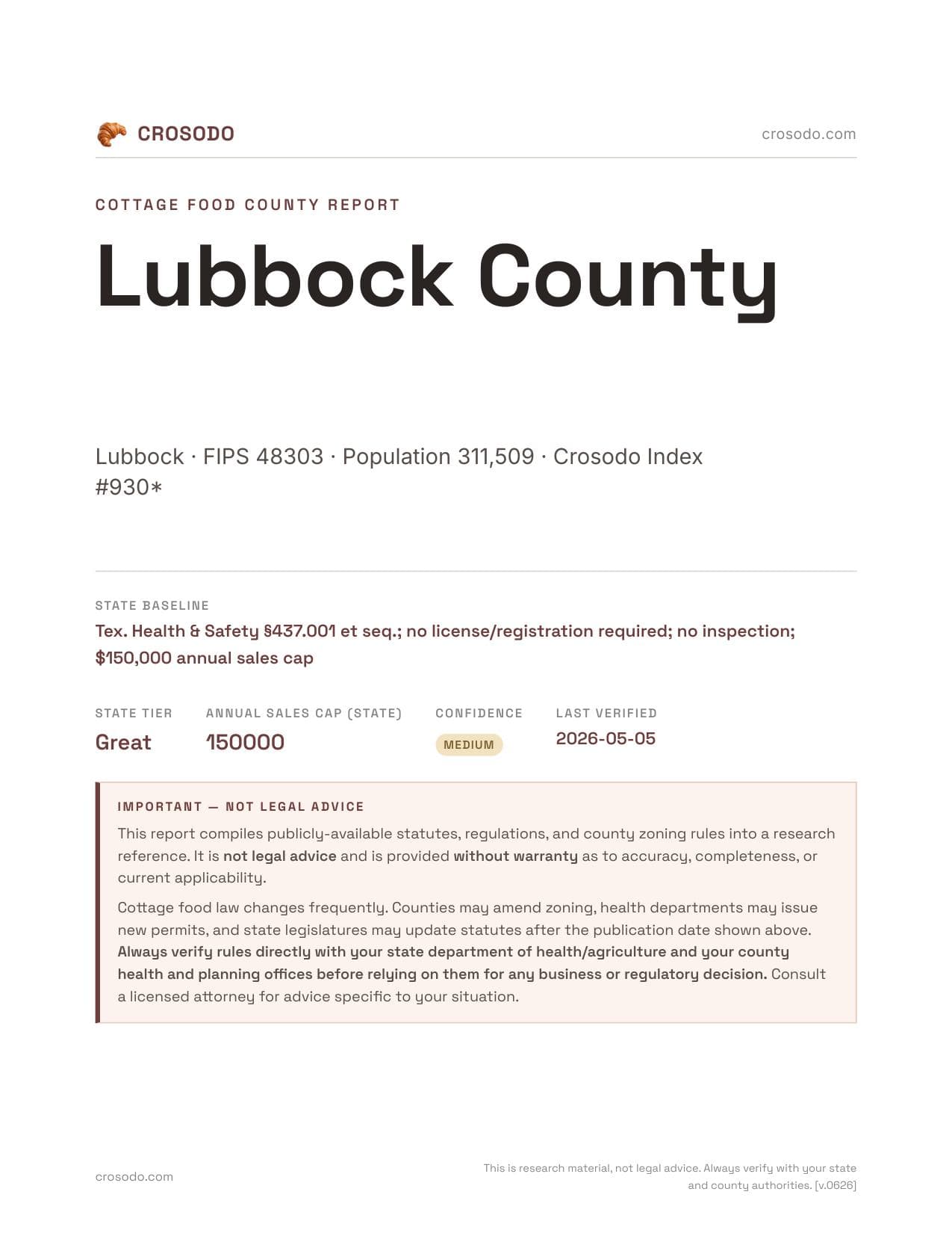 Cover of Lubbock County county cottage food report
