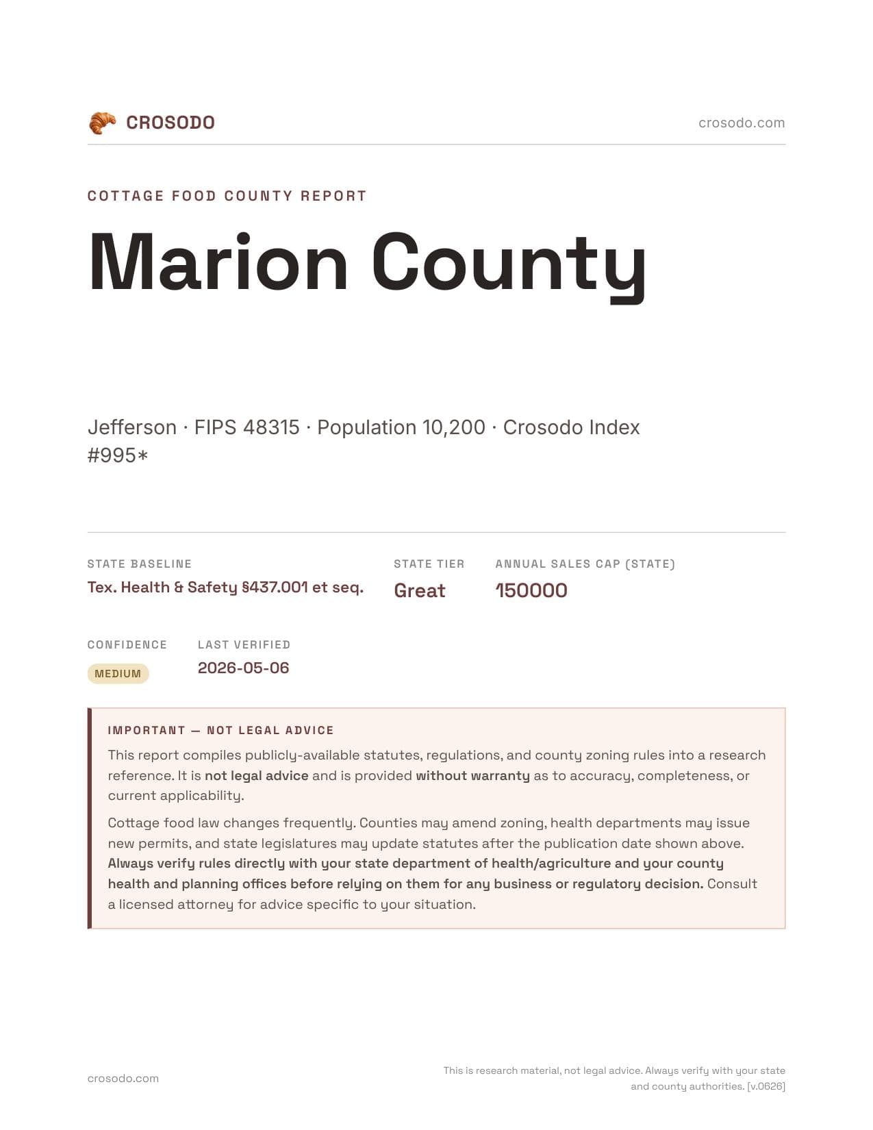 Cover of Marion County county cottage food report
