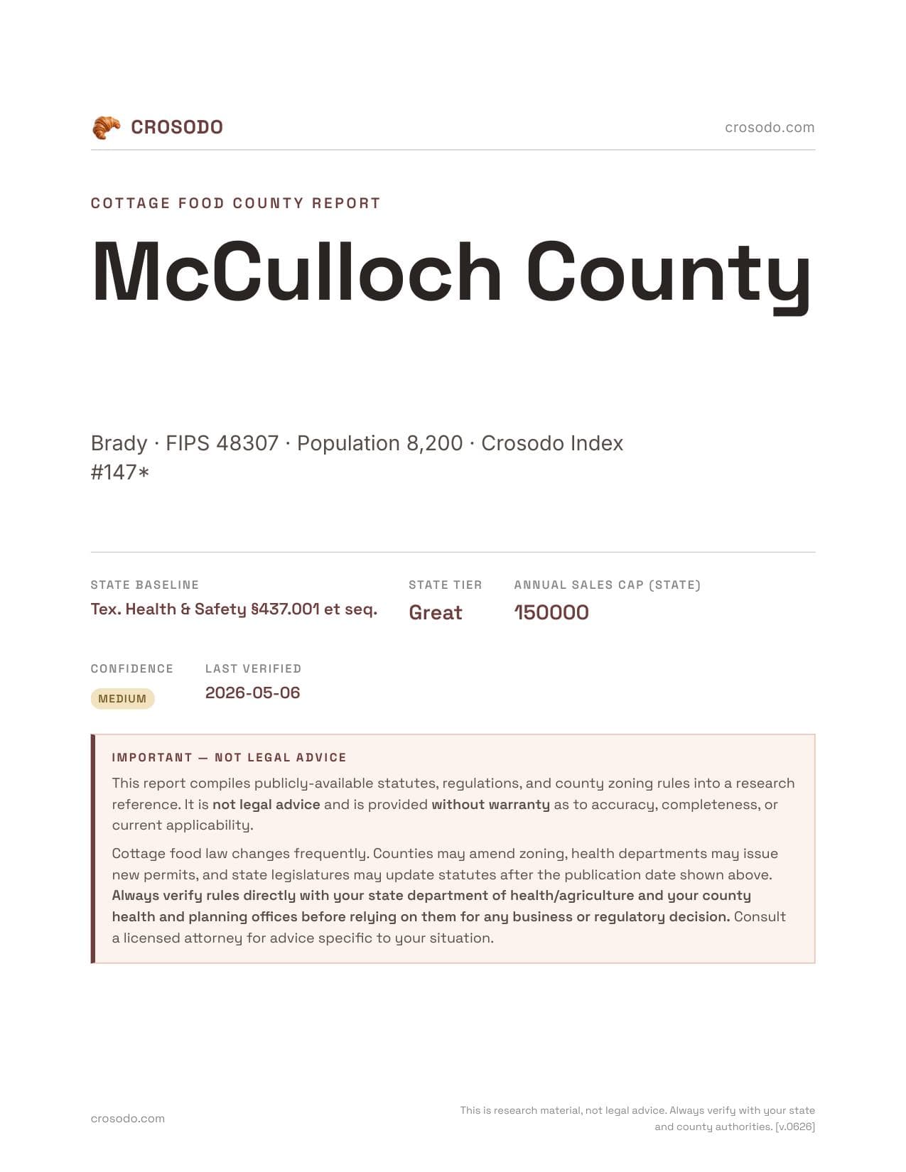 Cover of McCulloch County county cottage food report