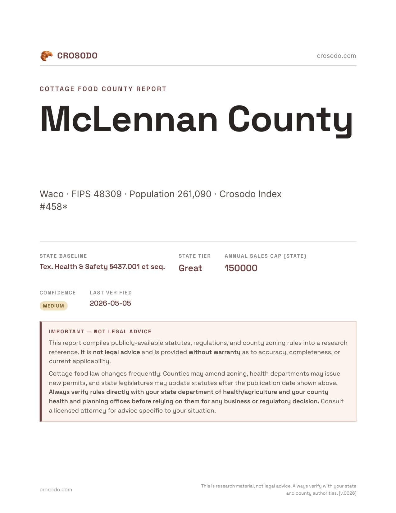 Cover of McLennan County county cottage food report