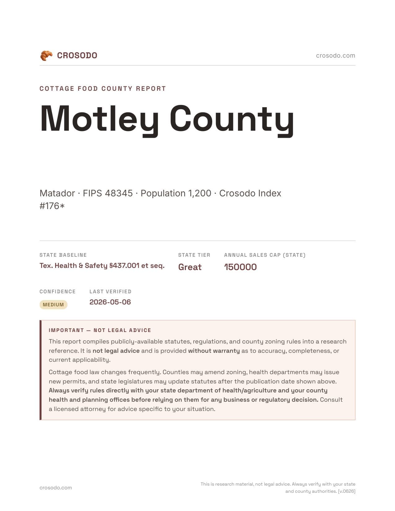 Cover of Motley County county cottage food report