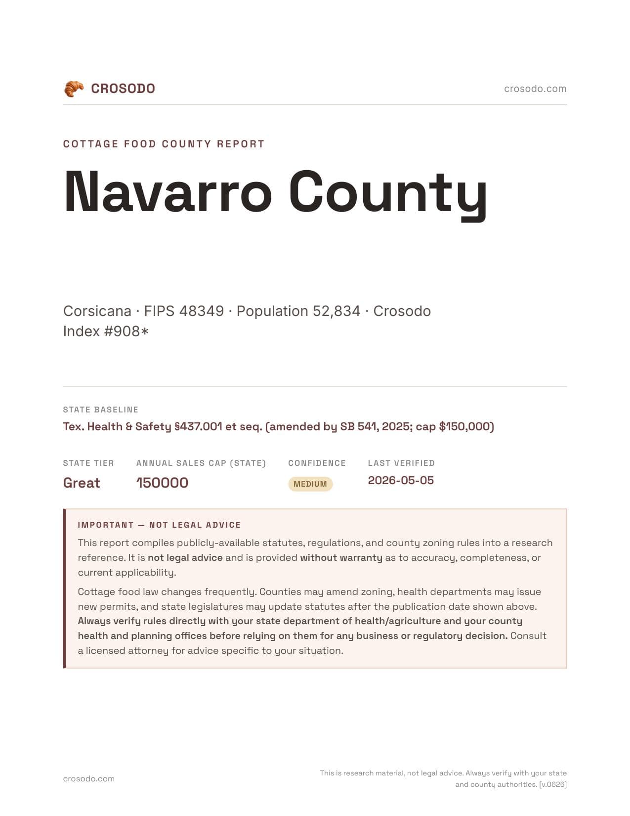 Cover of Navarro County county cottage food report