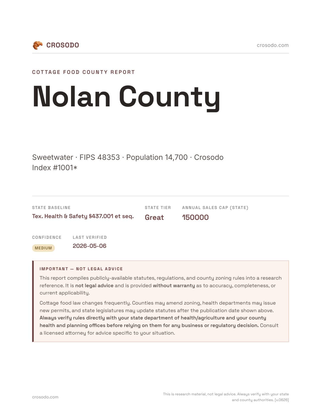 Cover of Nolan County county cottage food report