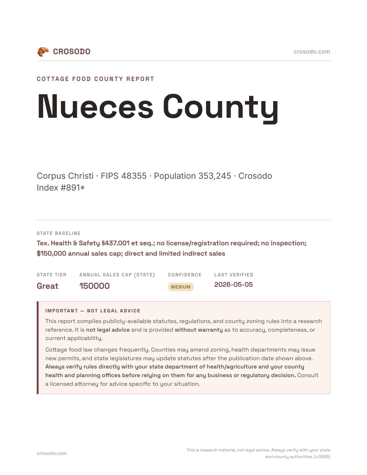 Cover of Nueces County county cottage food report