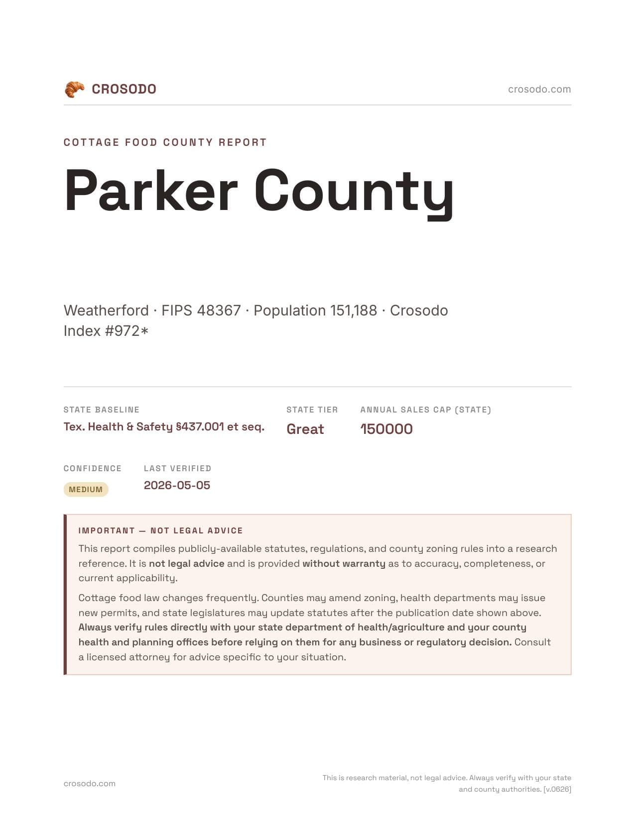 Cover of Parker County county cottage food report