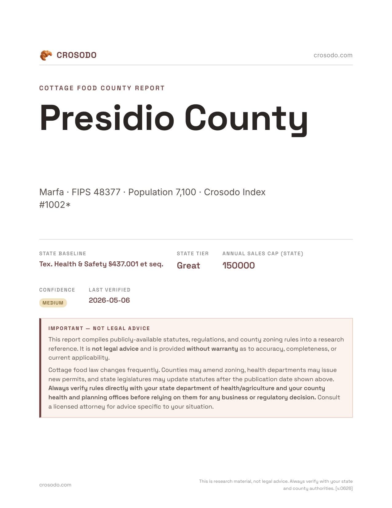 Cover of Presidio County county cottage food report