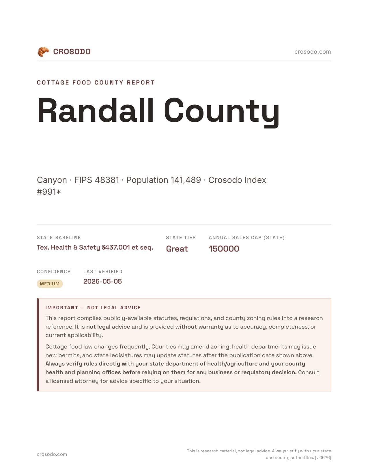 Cover of Randall County county cottage food report