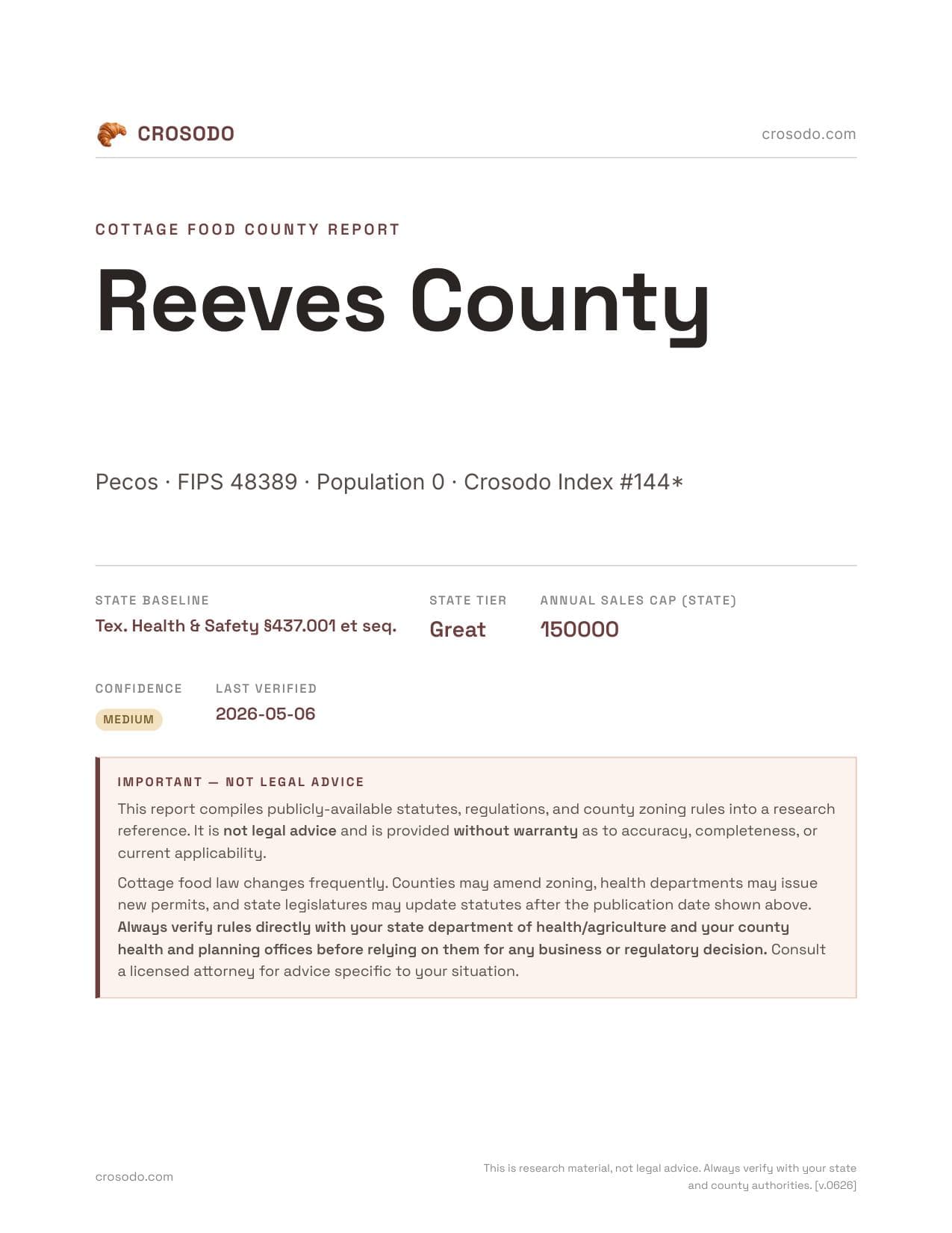 Cover of Reeves County county cottage food report