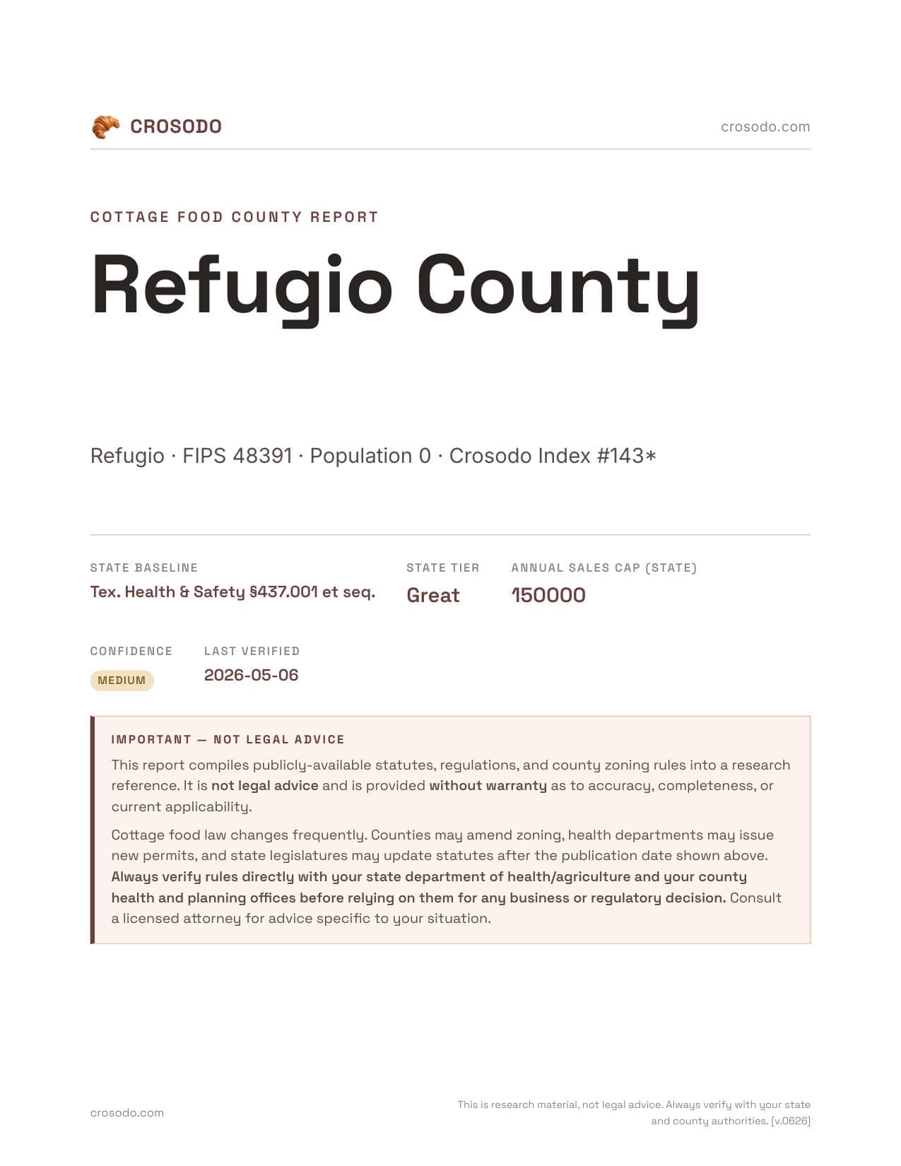 Cover of Refugio County county cottage food report