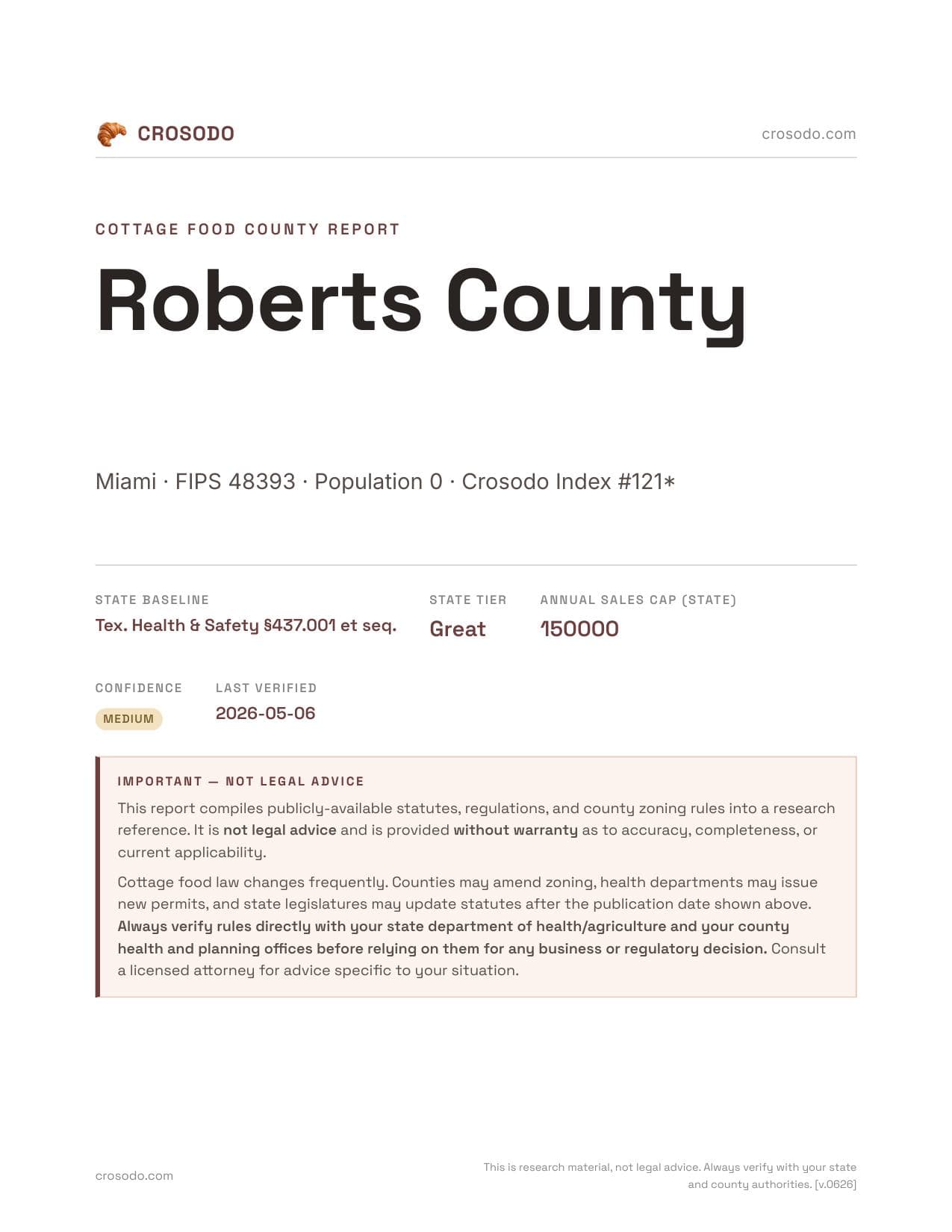 Cover of Roberts County county cottage food report