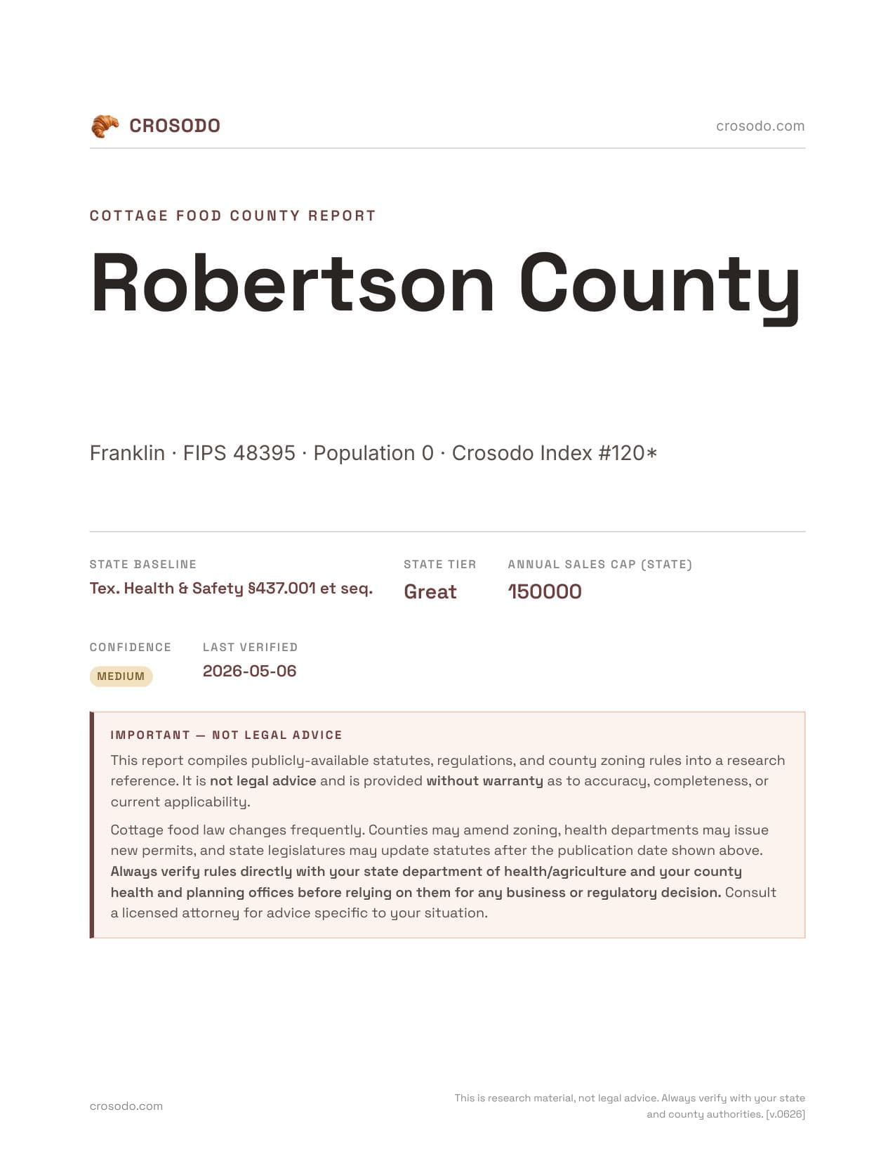 Cover of Robertson County county cottage food report
