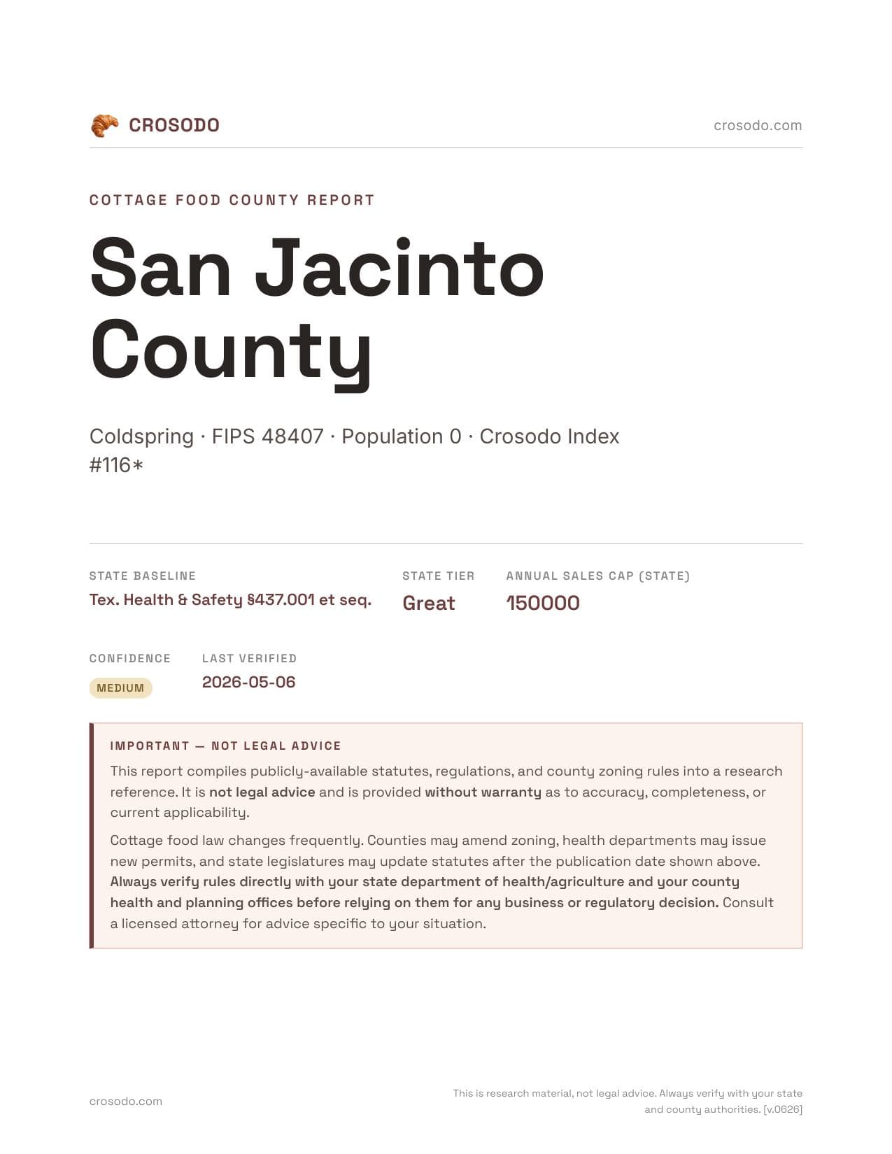 Cover of San Jacinto County county cottage food report