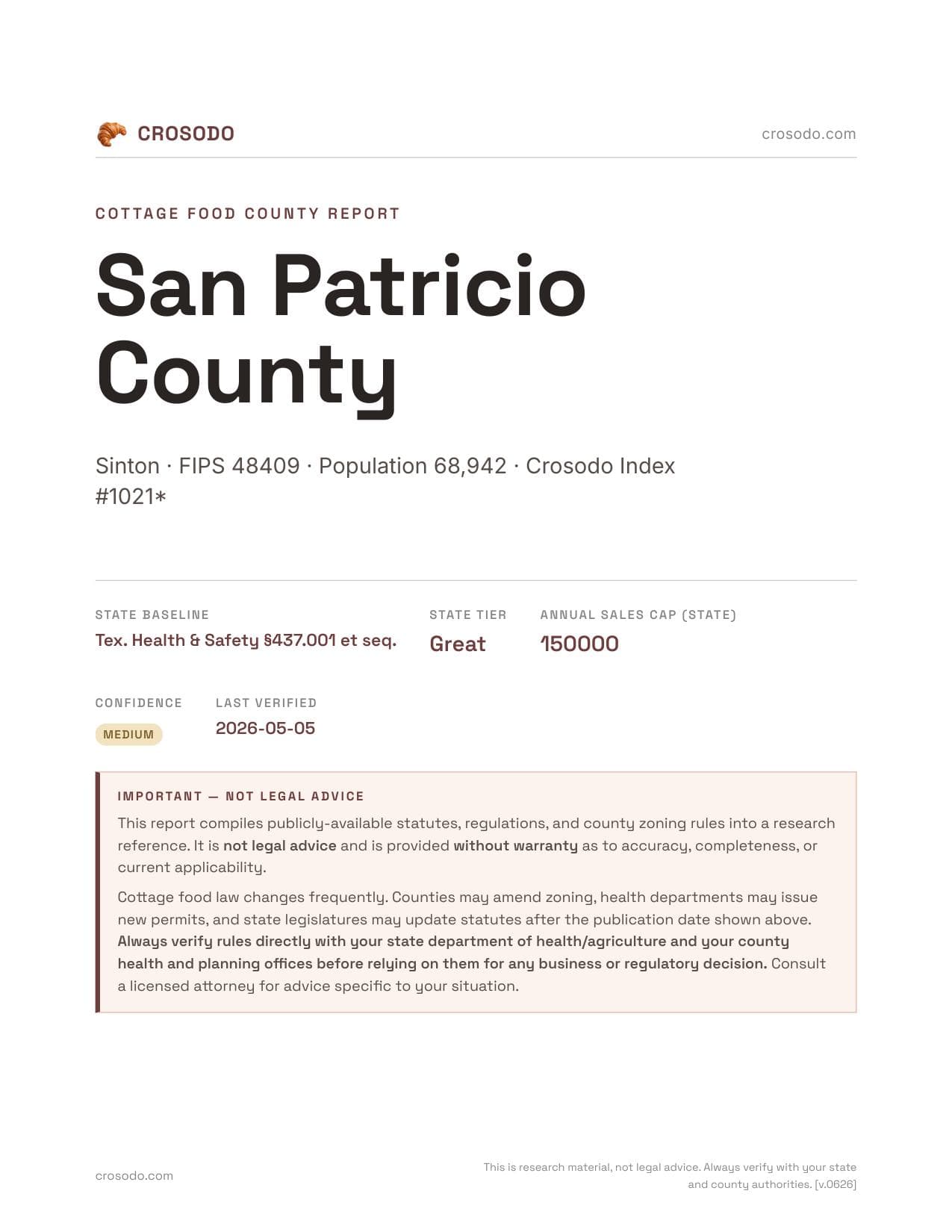 Cover of San Patricio County county cottage food report