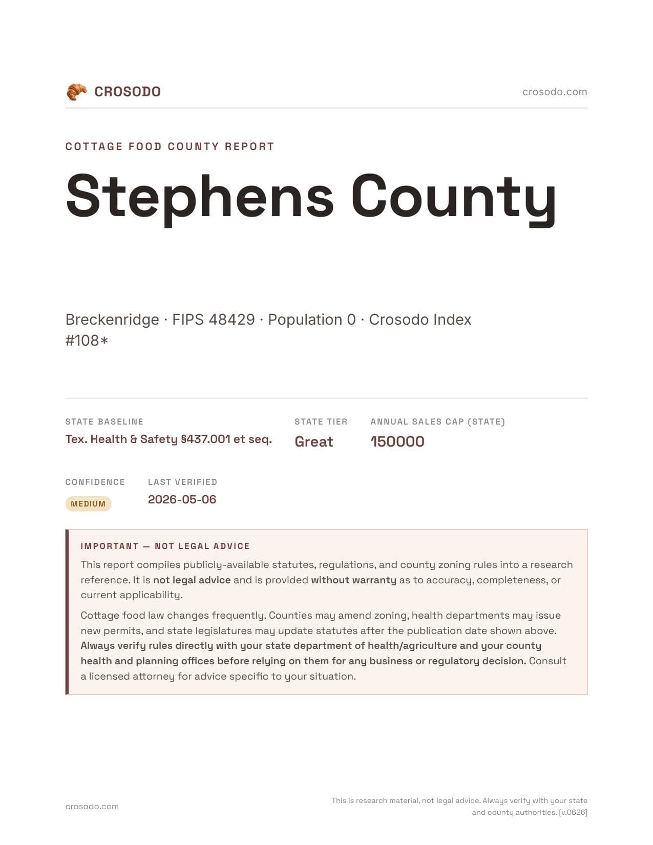 Cover of Stephens County county cottage food report